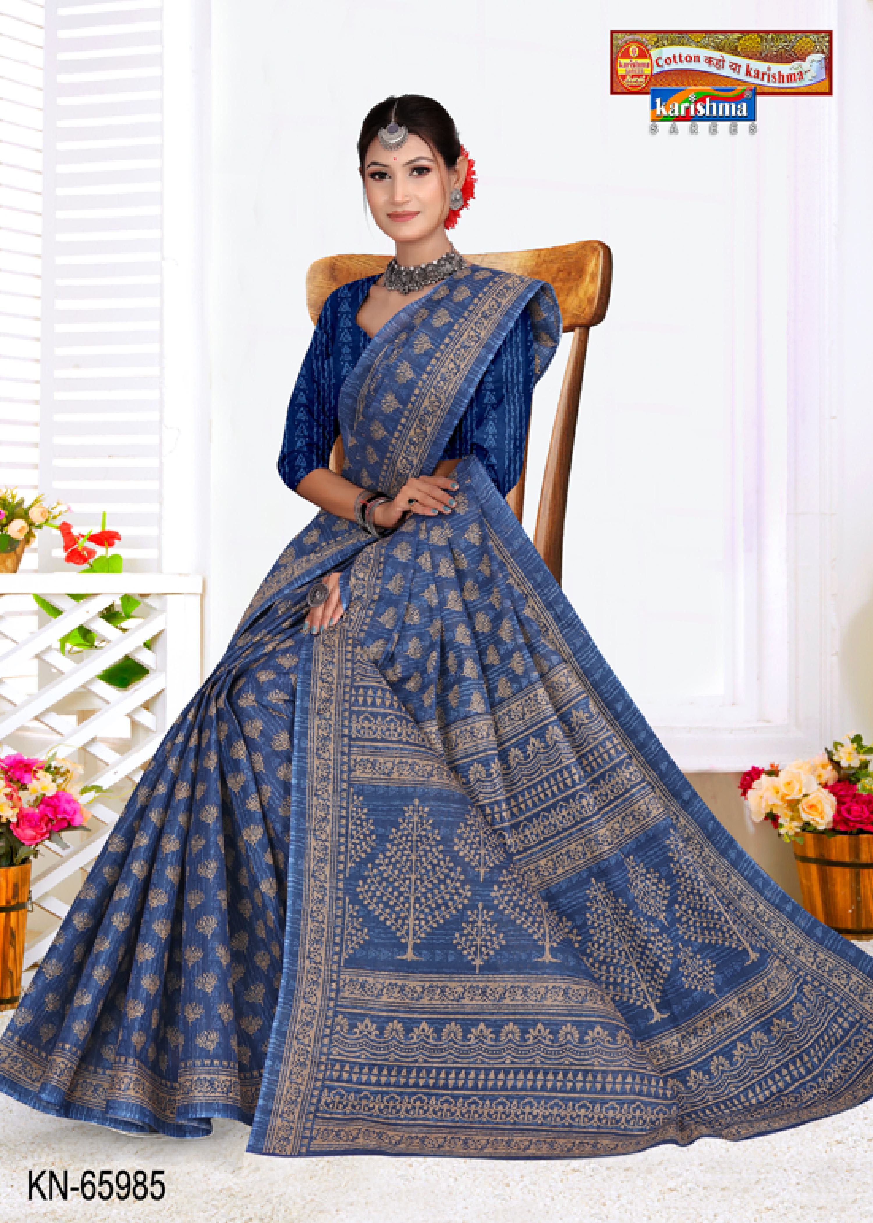 Navy Blue Pure Cotton Mulmul (stiff) Saree With Simple Design.