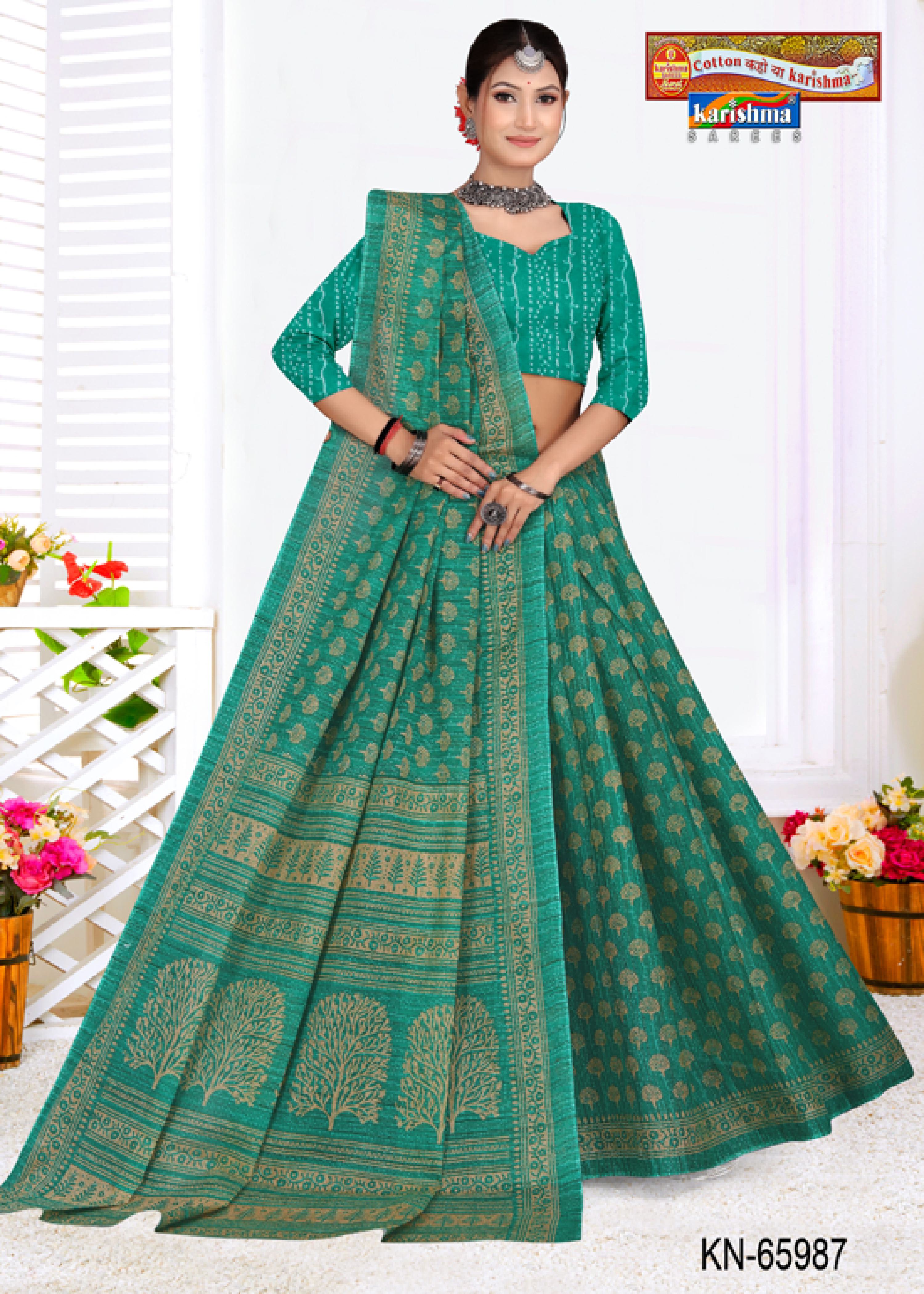 Green Pure Cotton Mulmul (stiff) Saree With Simple Design.