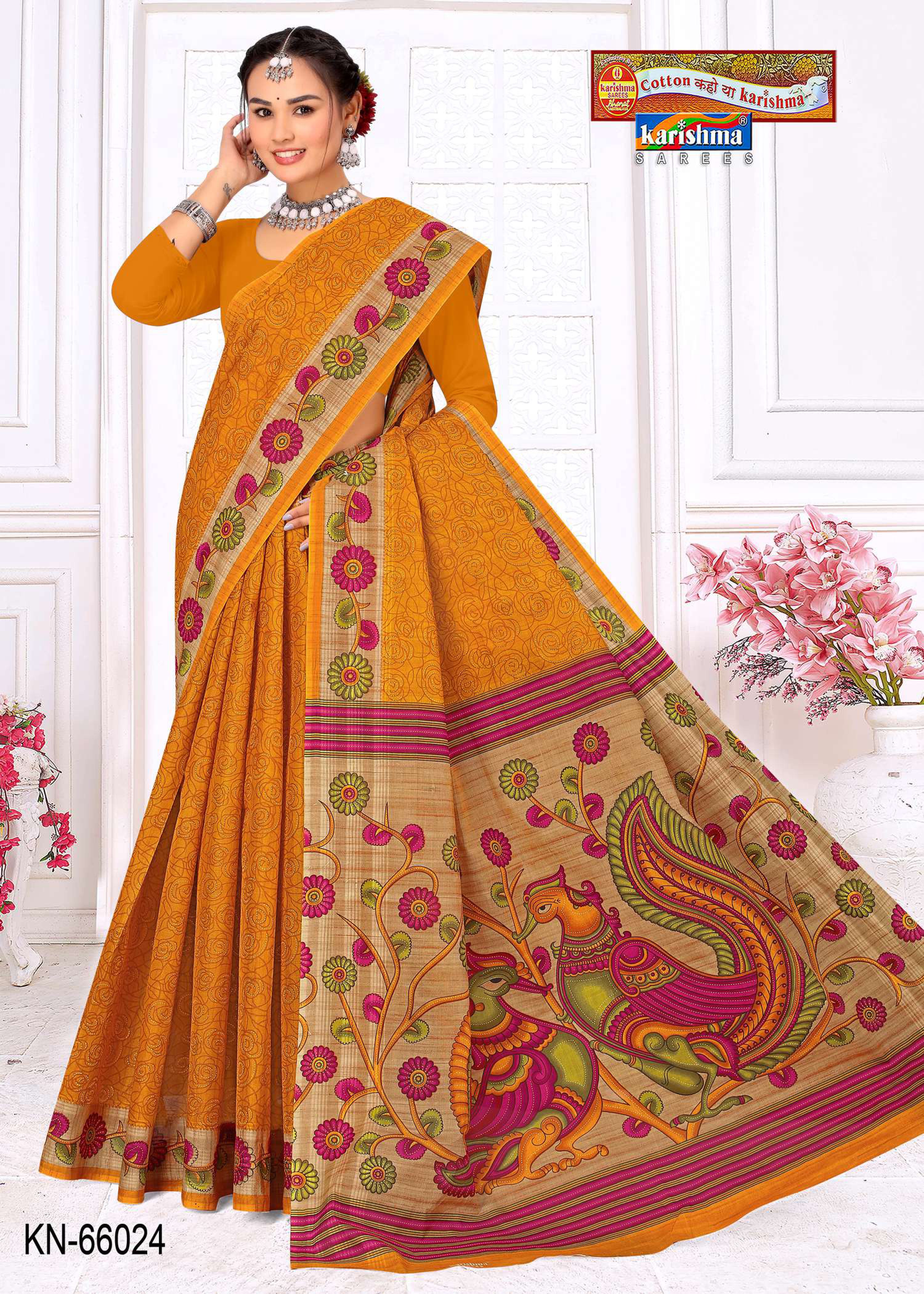 Yellow Pure Cotton Mulmul (Stiff) Saree With Floral Border And Peacock On Pallu