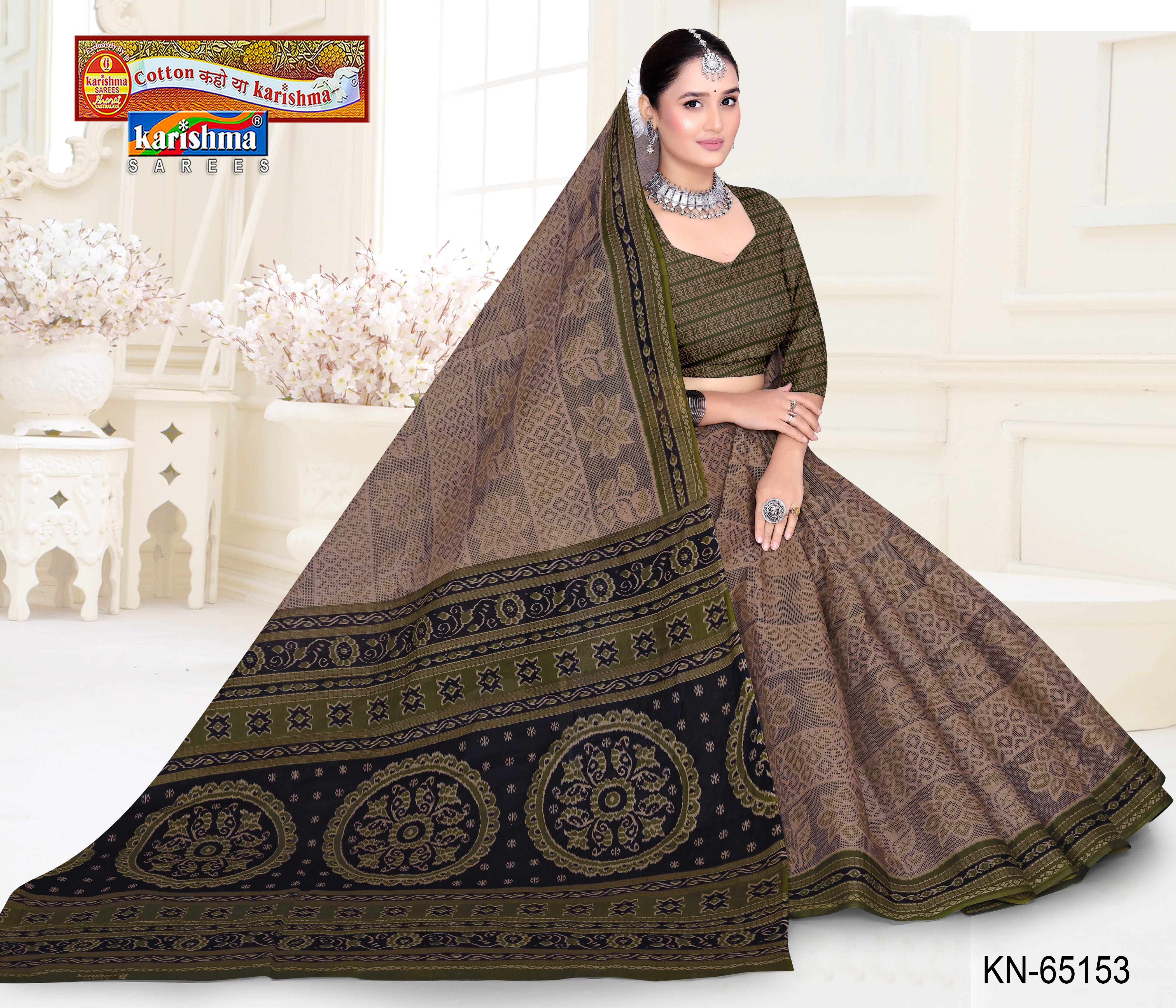 Black And Olive Pure Cotton Mulmul (Medium Soft) Saree With Ikat Style Print