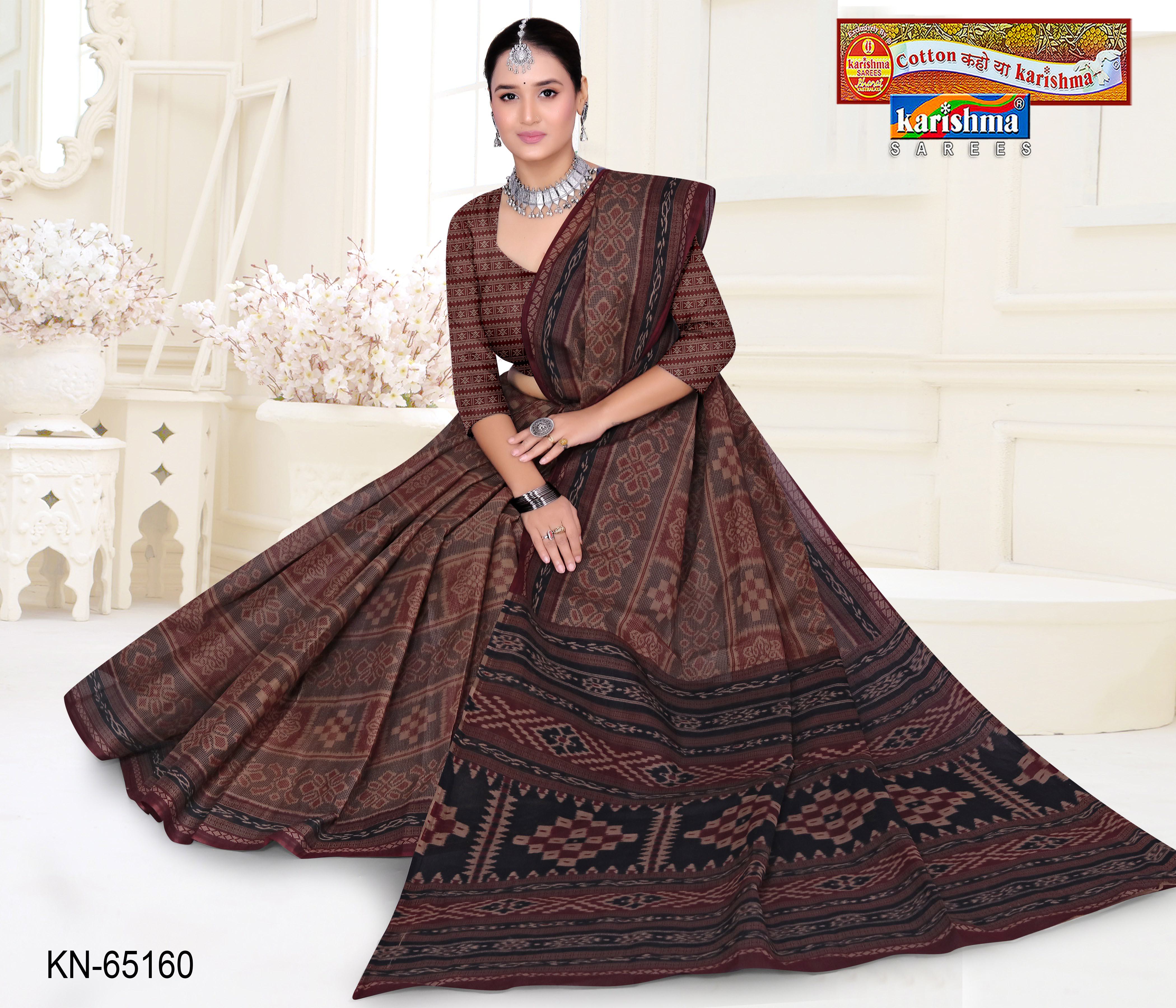 Black And Chocolat Brown Pure Cotton Mulmul (Medium Soft) Saree With Ikat Style Print