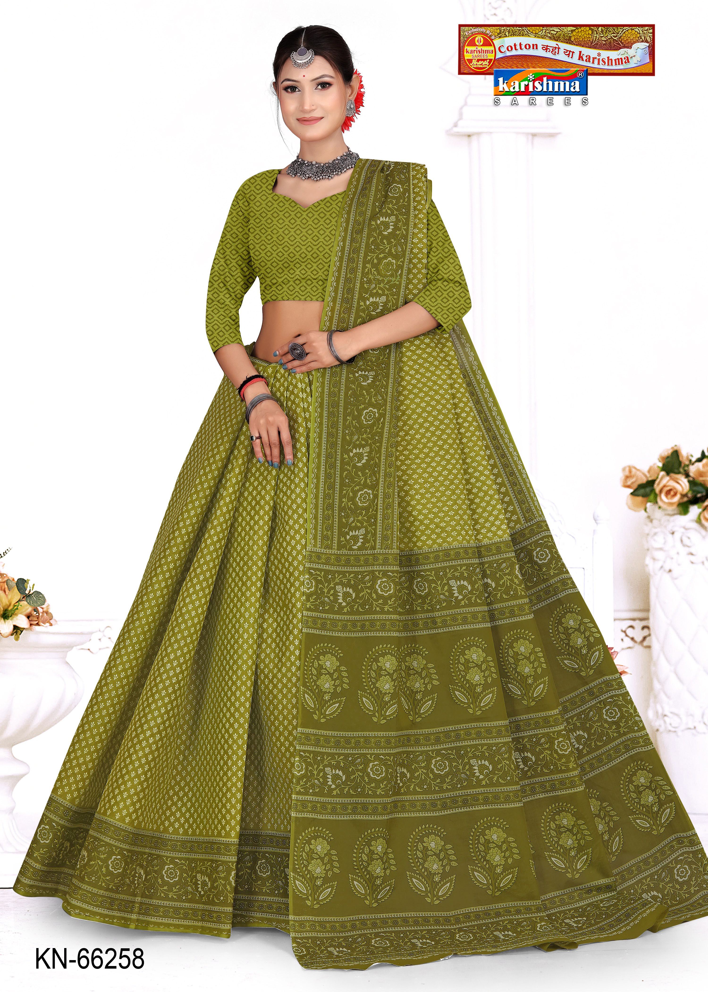 Olive Pure Cotton Mumul (Medium Soft) Saree With Small Butti Allover And Floral Border