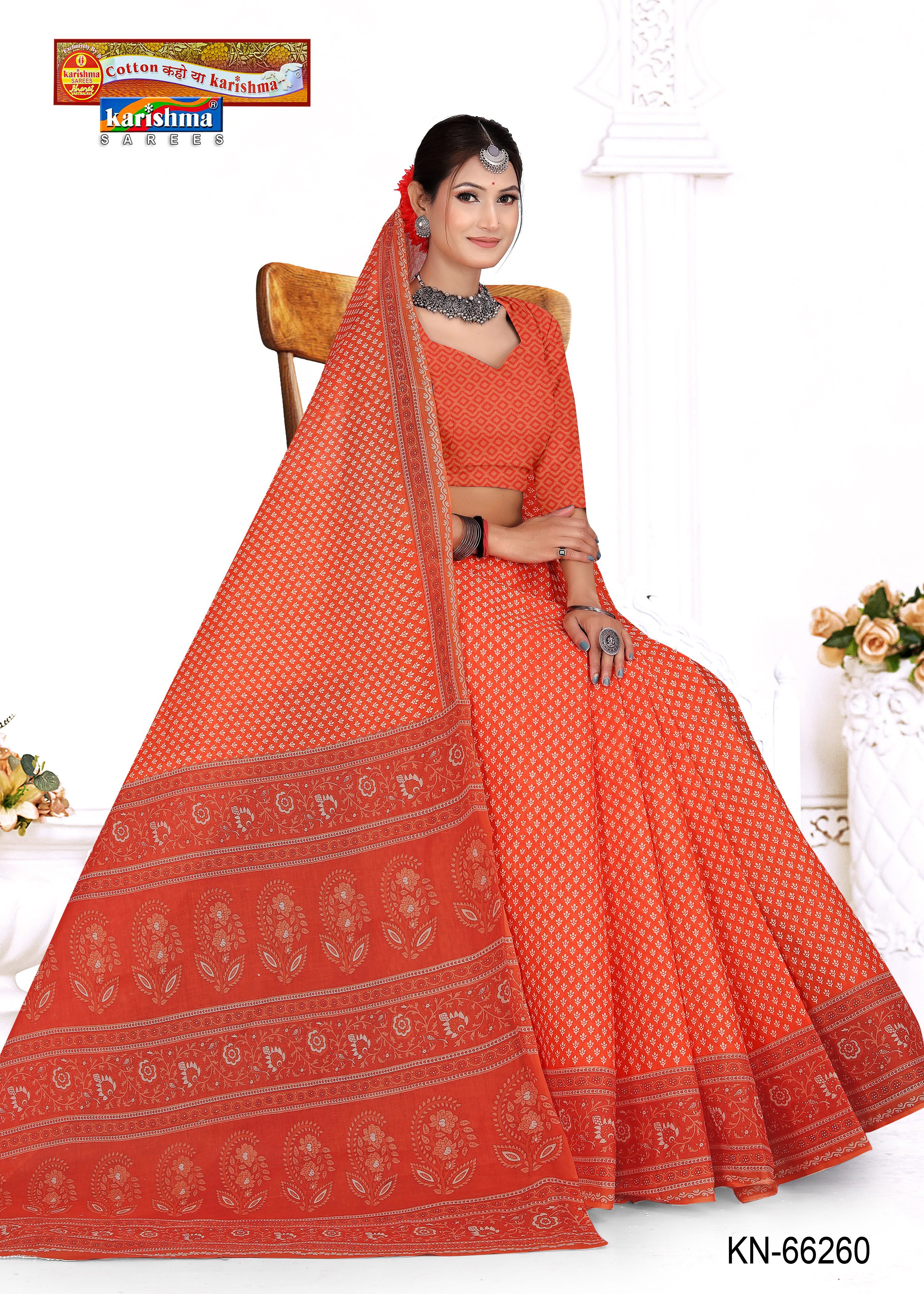 Orange Pure Cotton Mumul (Medium Soft) Saree With Small Butti Allover And Floral Border