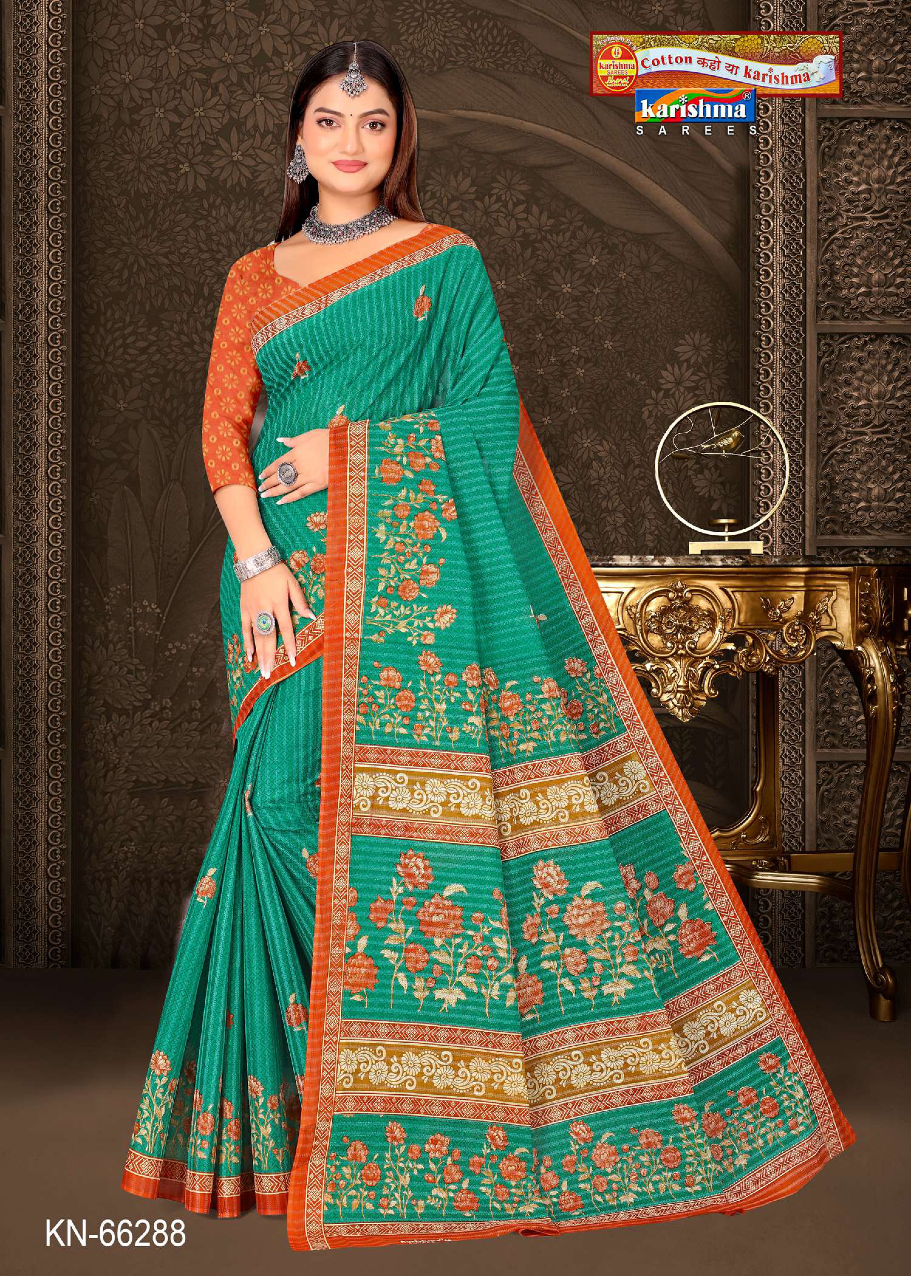 Green Pure Cotton Mulmul (Stiff) Saree With Floral Print And Small Border.
