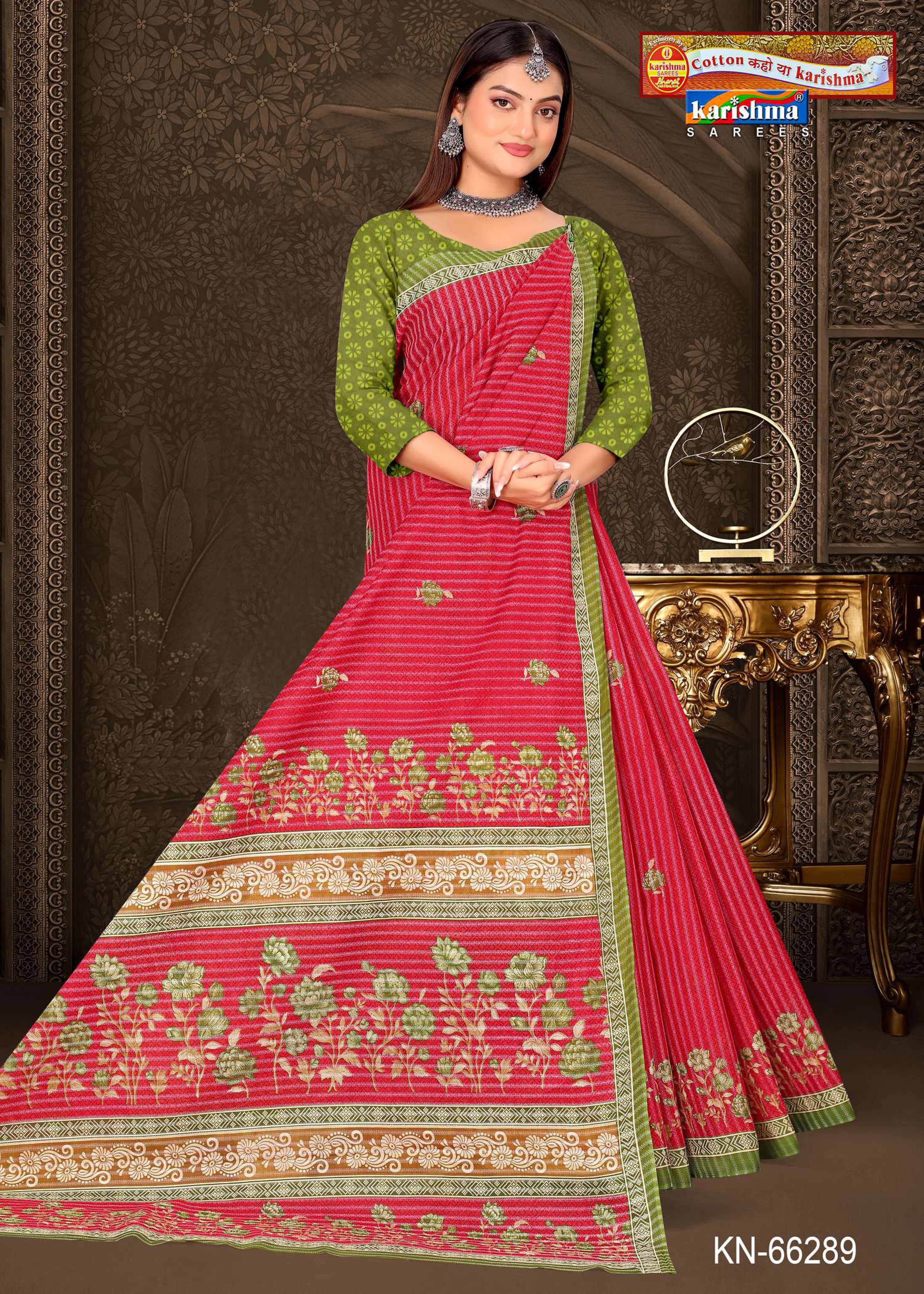 Red Pure Cotton Mulmul (Stiff) Saree With Floral Print And Small Border.