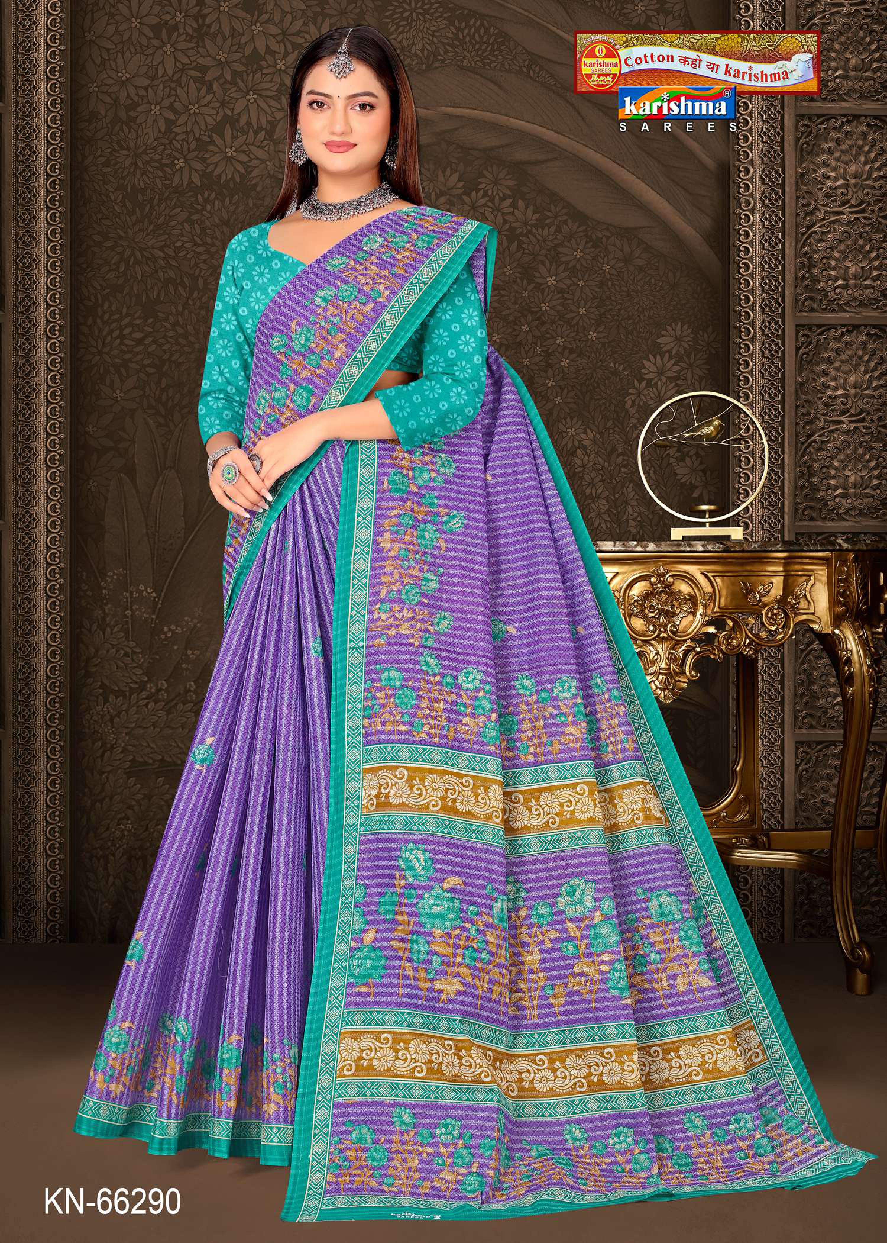 Purple Pure Cotton Mulmul (Stiff) Saree With Floral Print And Small Border.
