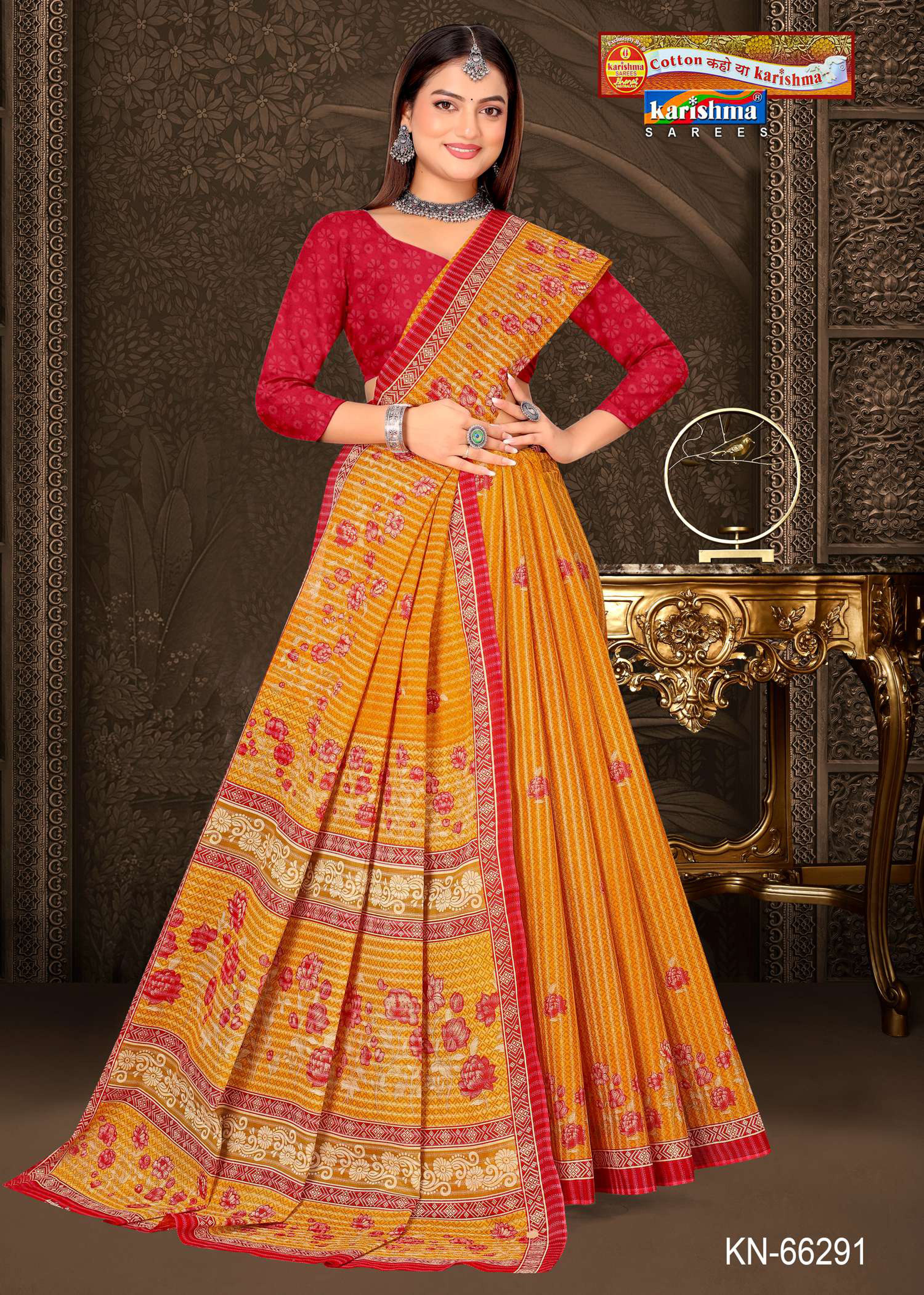Yellow Pure Cotton Mulmul (Stiff) Saree With Floral Print And Small Border.