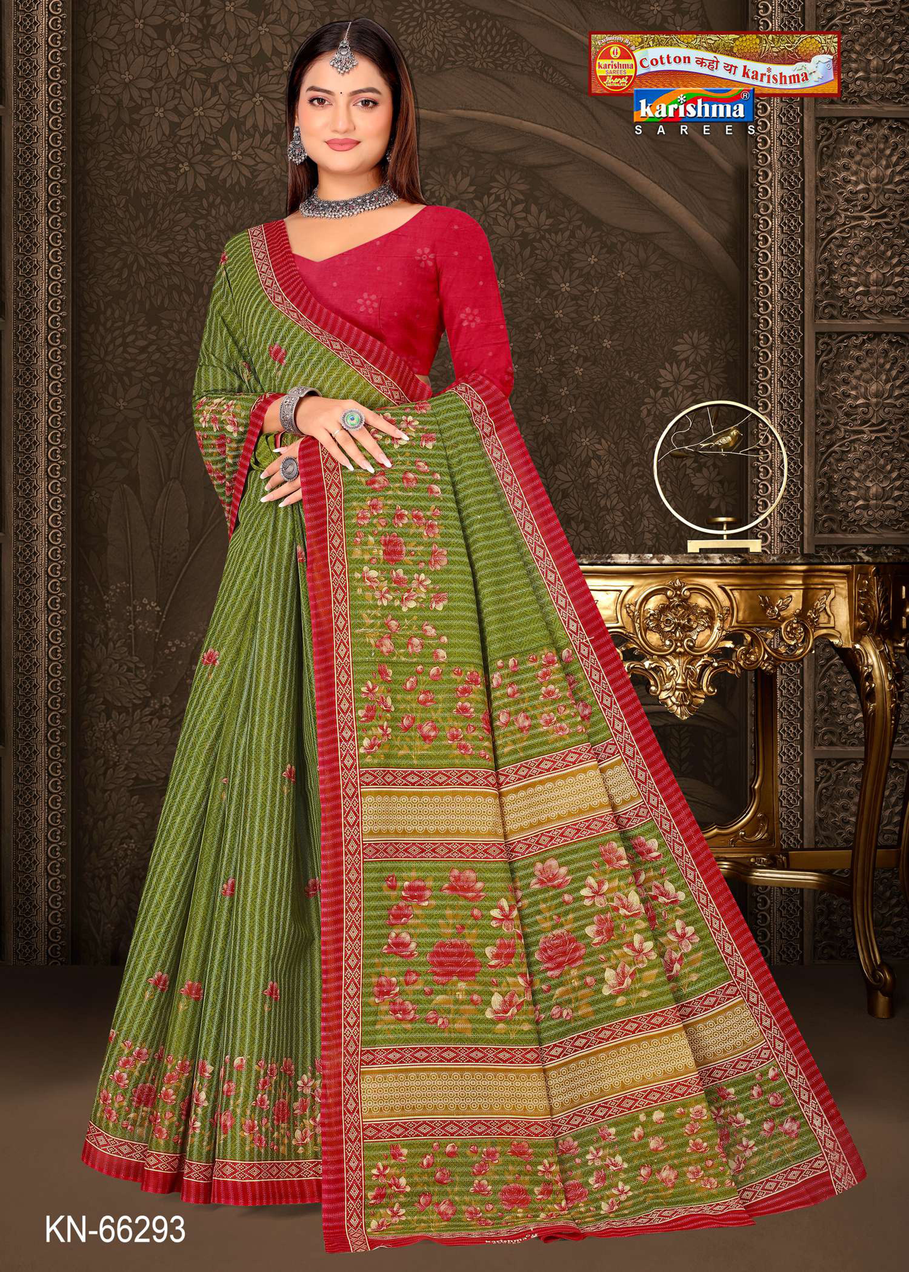Olive Pure Cotton Mulmul (Stiff) Saree With Floral Print And Small Border.