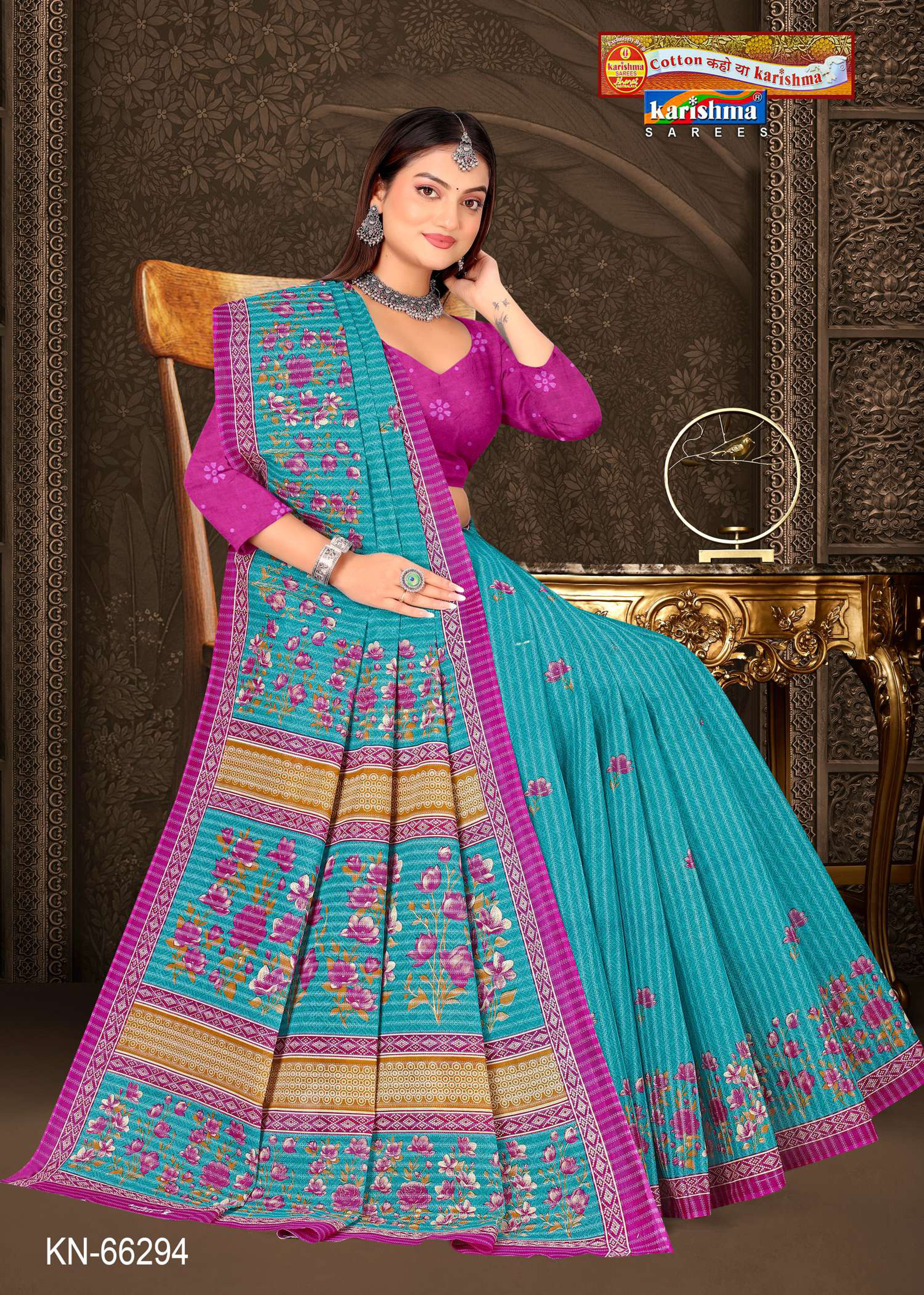 Blue Pure Cotton Mulmul (Stiff) Saree With Floral Print And Small Border.