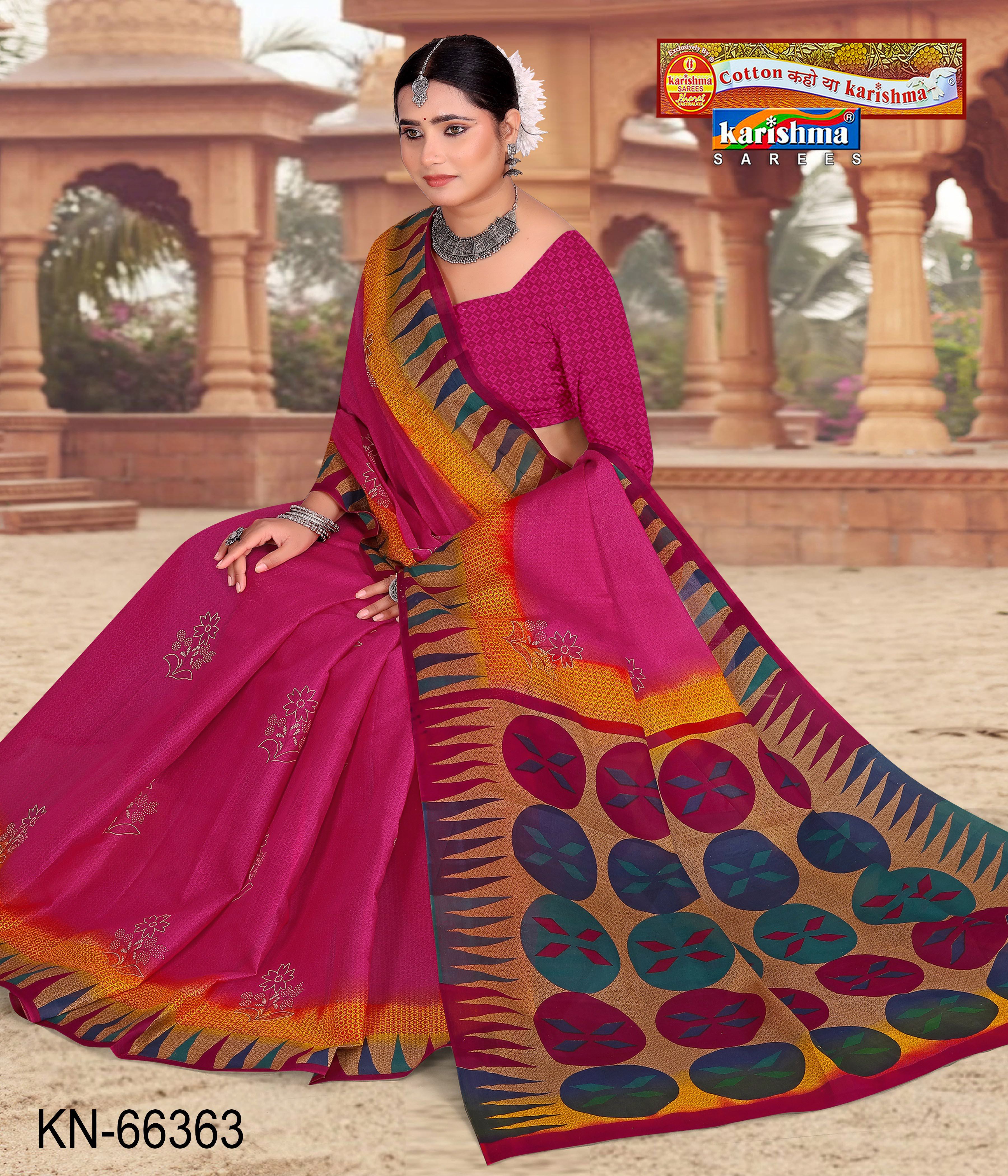 Pink Pure Cotton Mulmul (Stiff) Saree With Traditinal Butti Print And Wide Border
