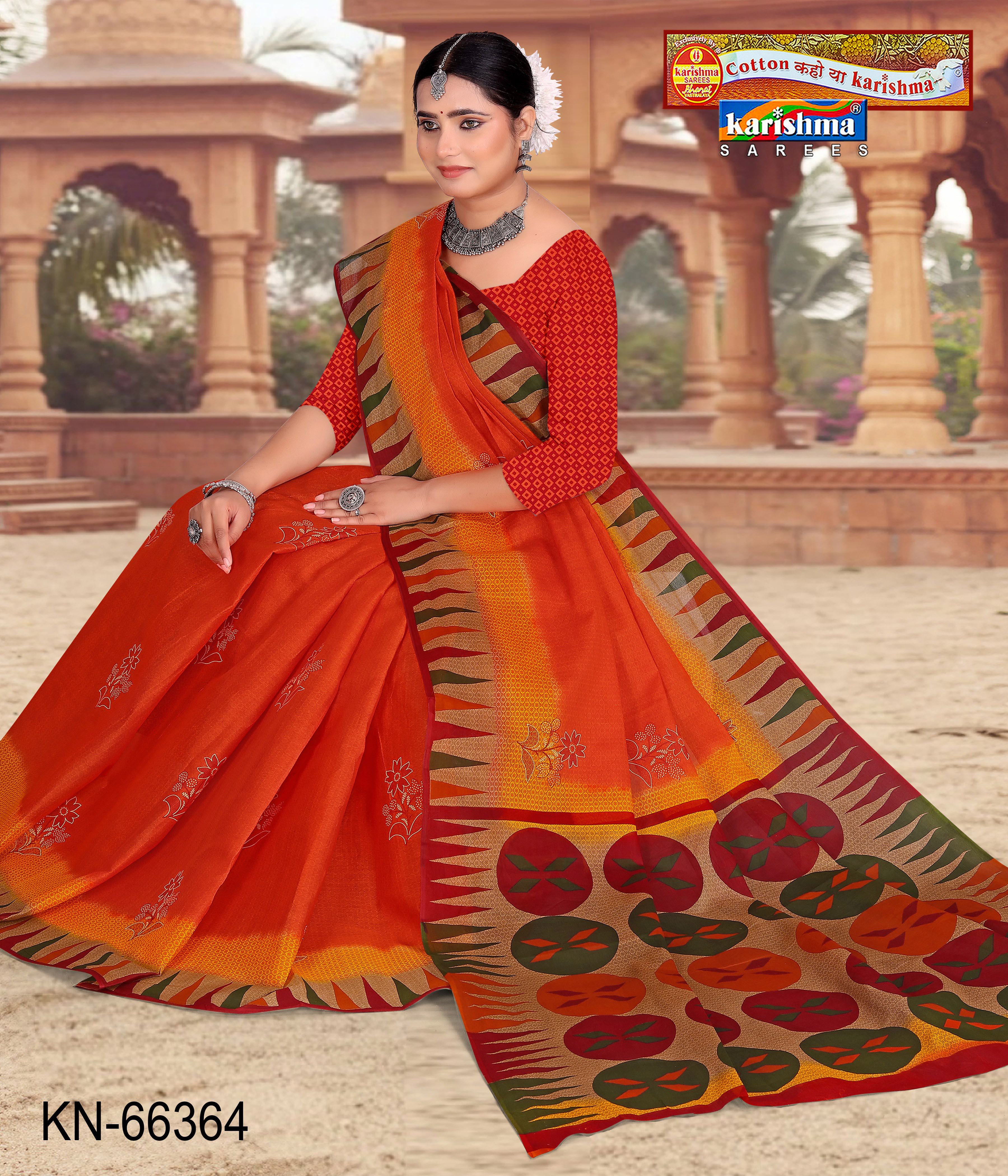 Orange Pure Cotton Mulmul (Stiff) Saree With Traditinal Butti Print And Wide Border