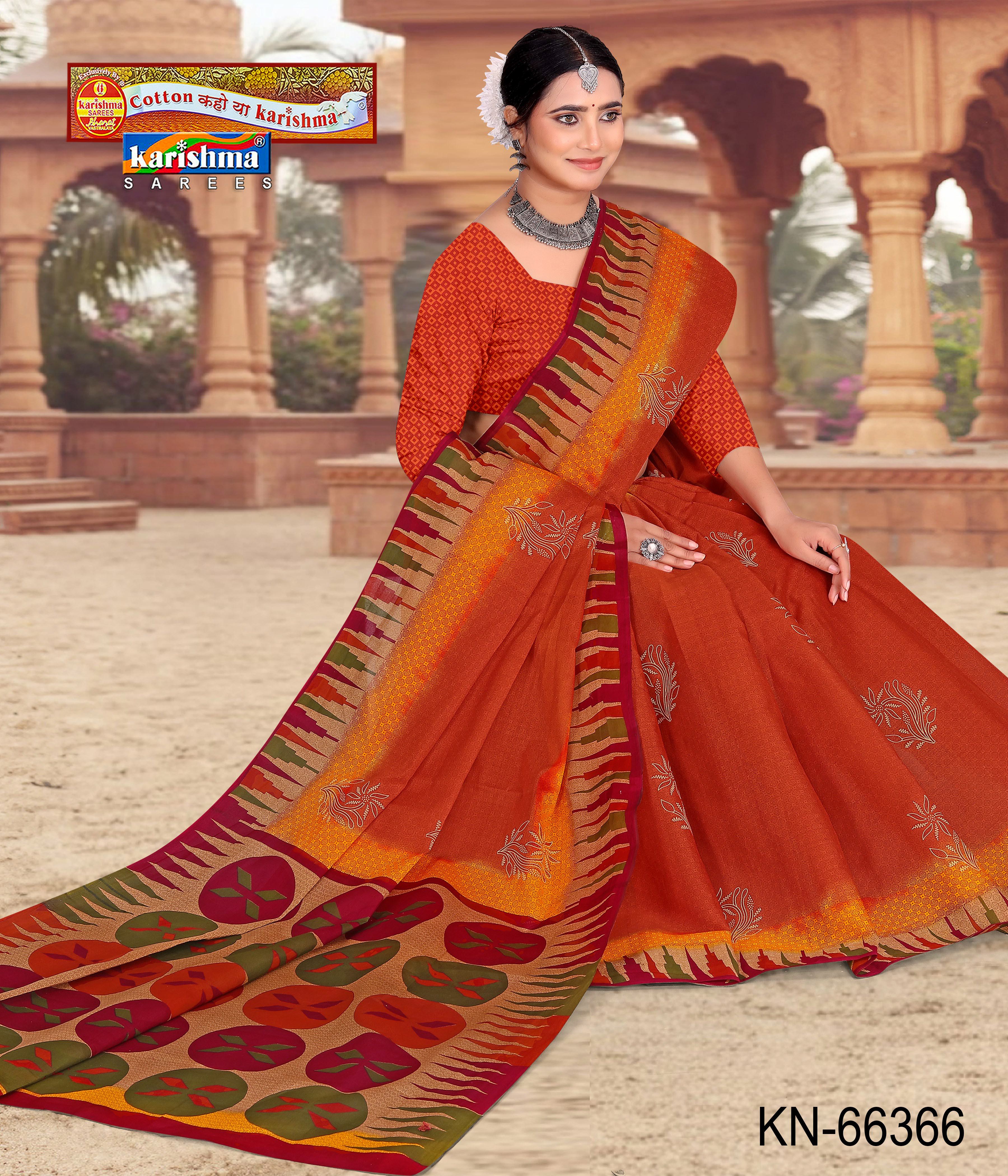 Rust Orange Pure Cotton Mulmul (Stiff) Saree With Traditinal Butti Print And Wide Border