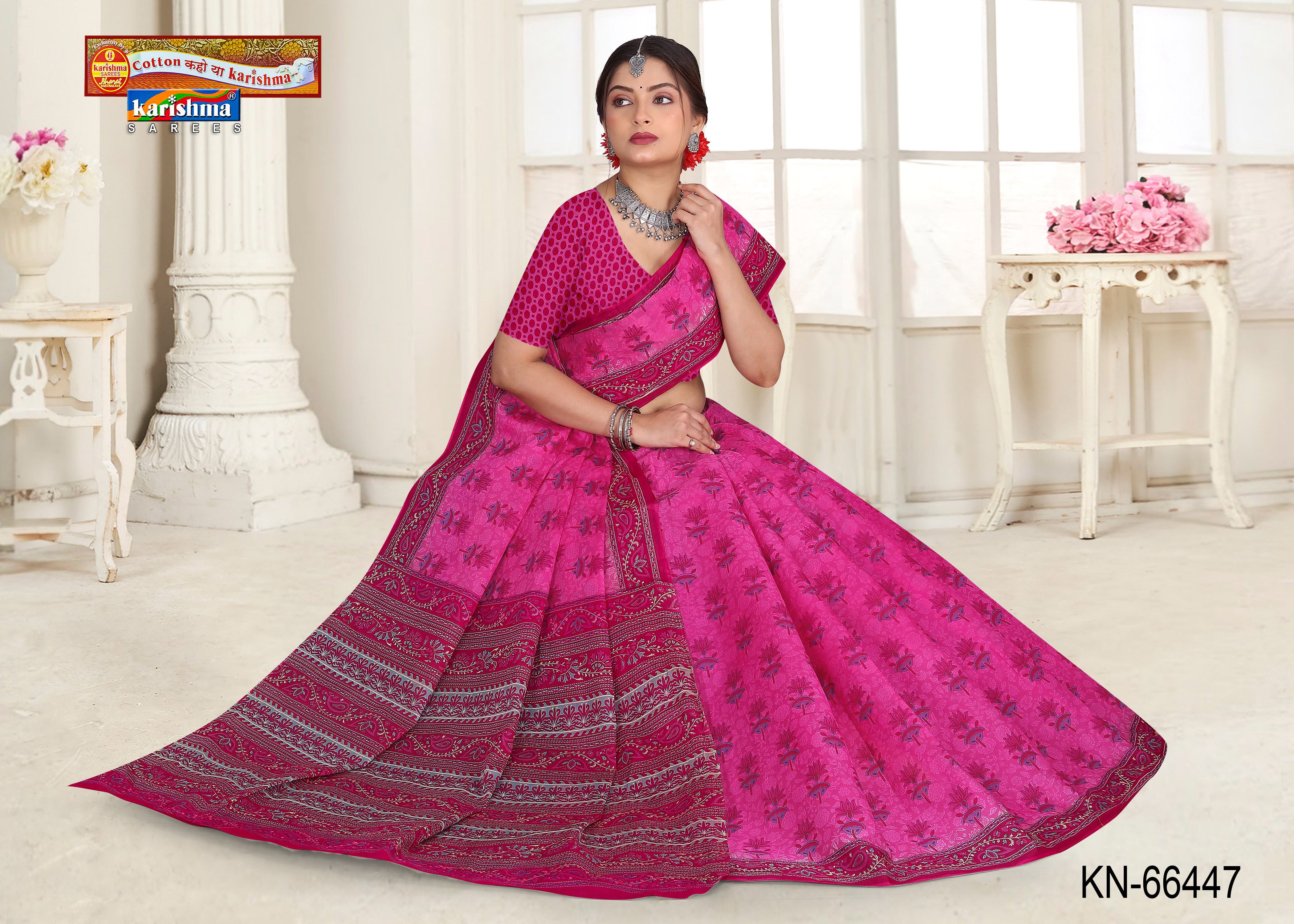 Pink Pure Coton Mulmul (Stiff) Saree With Floral Print Beautiful Border