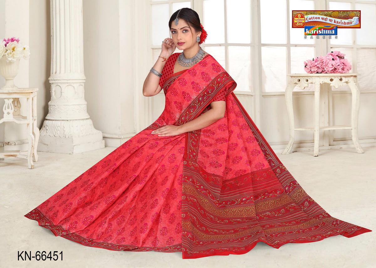 Peach Pure Coton Mulmul (Stiff) Saree With Floral Print Beautiful Border