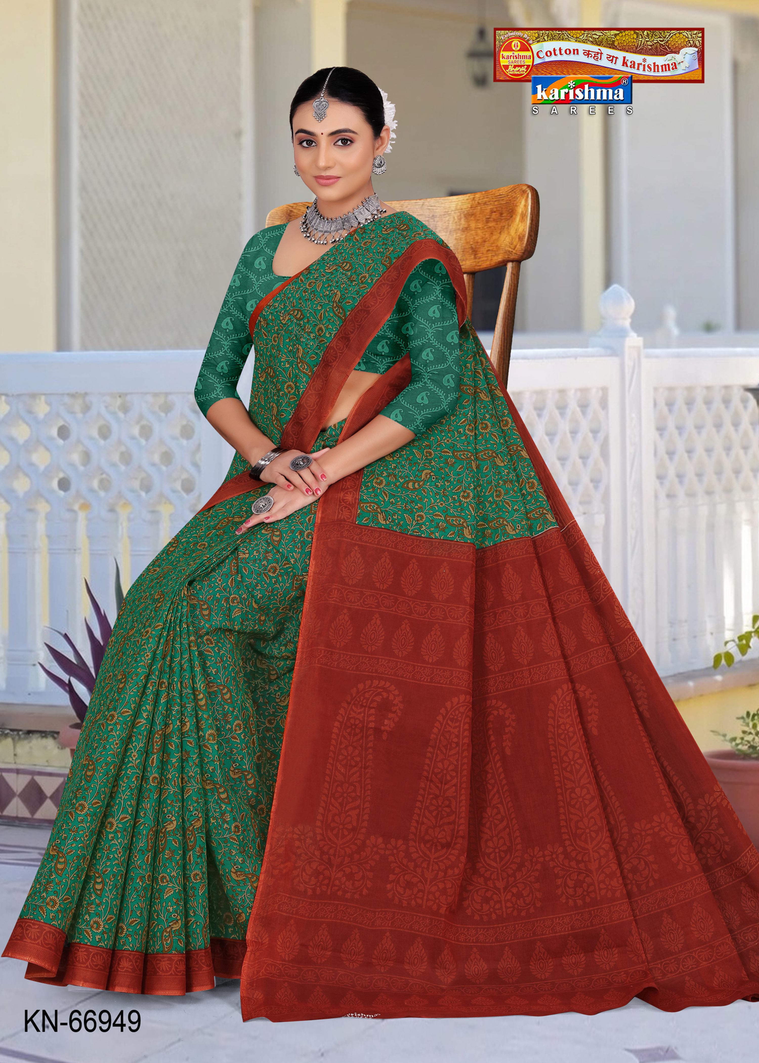 Green Pure Cotton Mulmul (Stiff) Saree With Nature Inspired Print And Simple Border