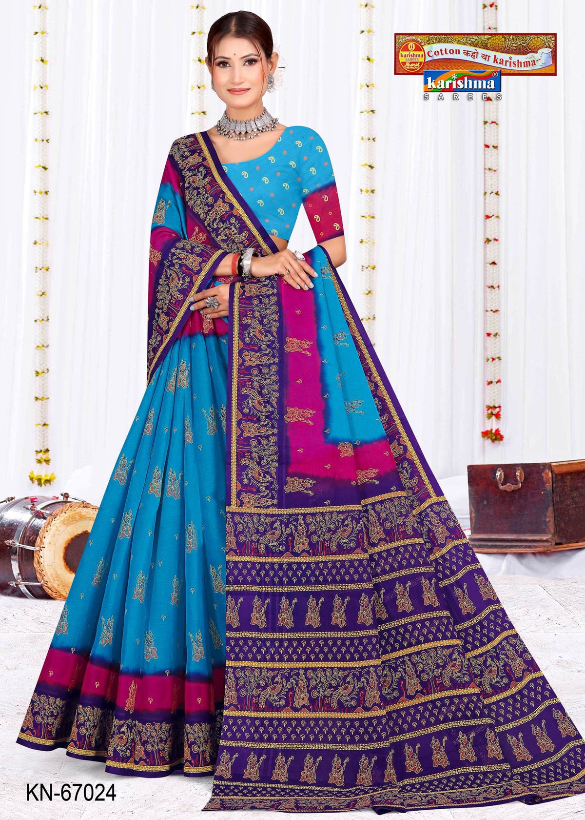 Purple And Pink Shobha Shringar With Floral And Golden Print Border Malai Saree