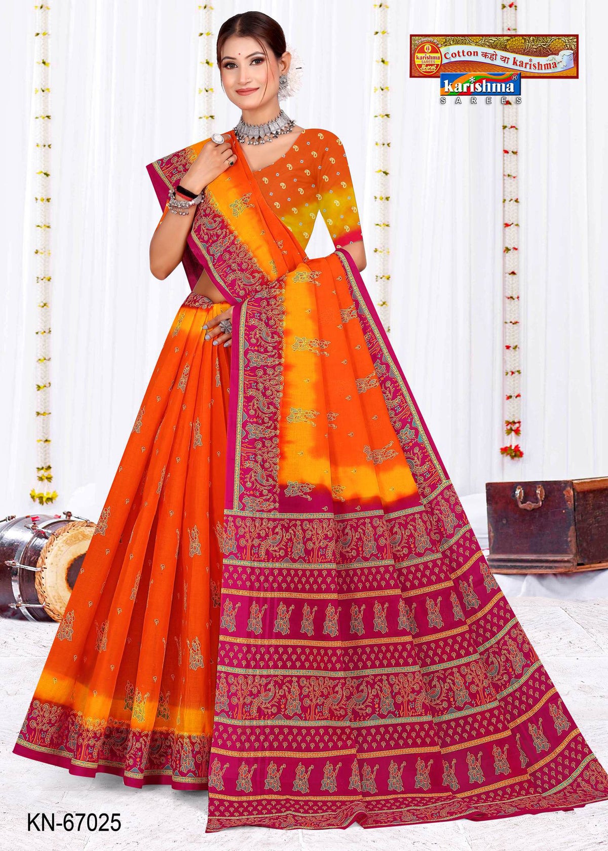 Orange And Pink Shobha Shringar With Floral And Golden Print Border Malai Saree