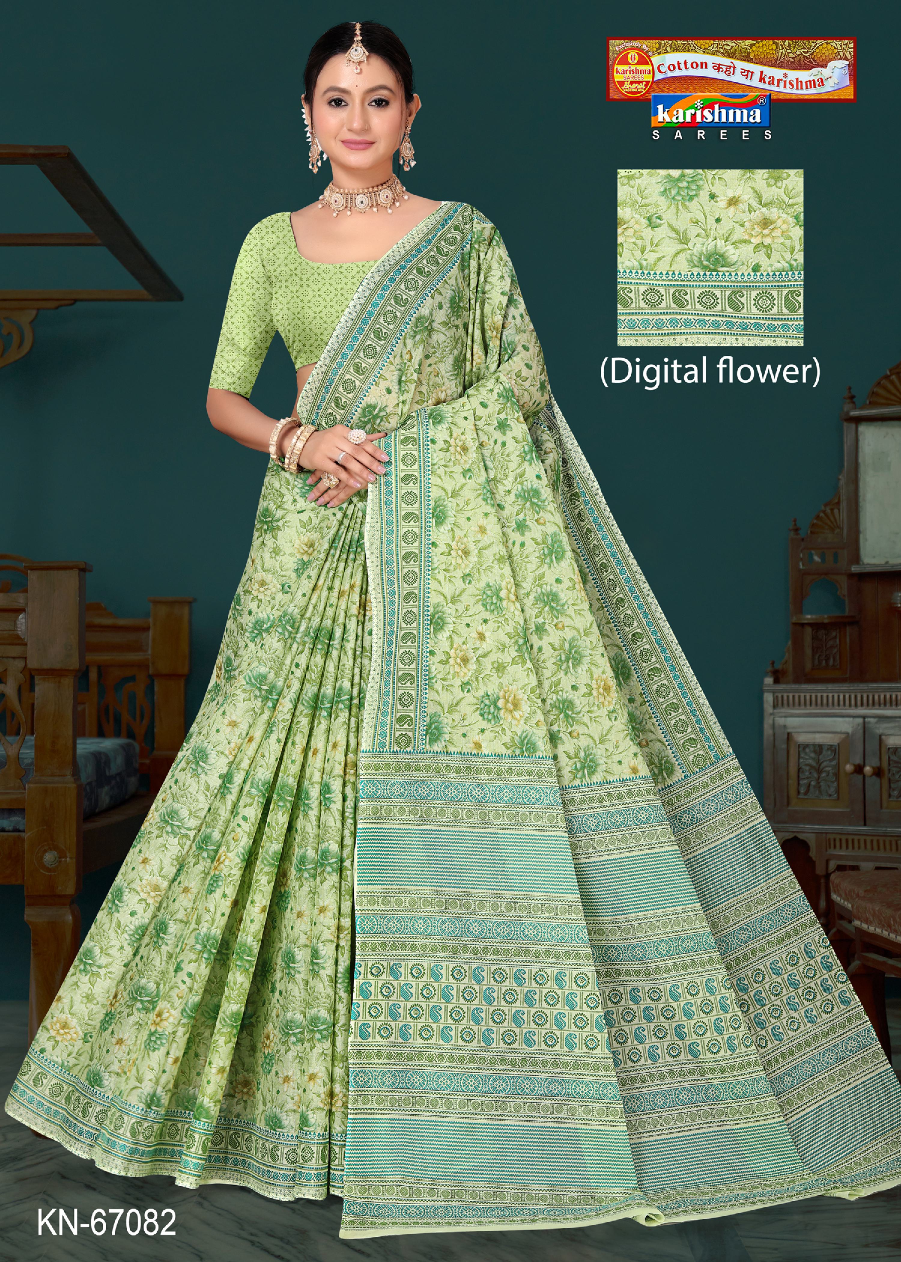 Pista Pure Cotton Mulmul (Soft) Saree With Digital Flower Print