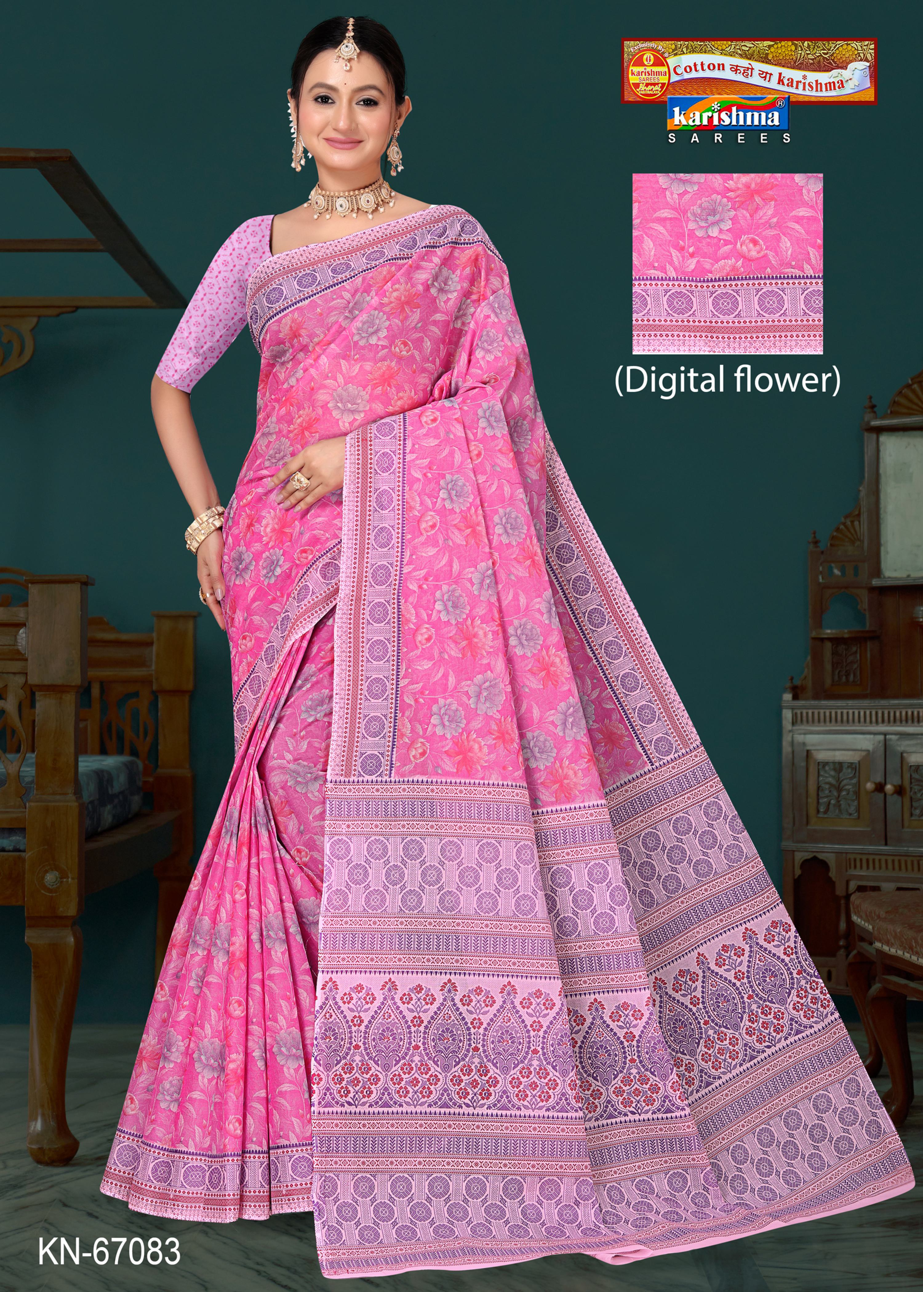 Pink Pure Cotton Mulmul (Soft) Saree With Digital Flower Print