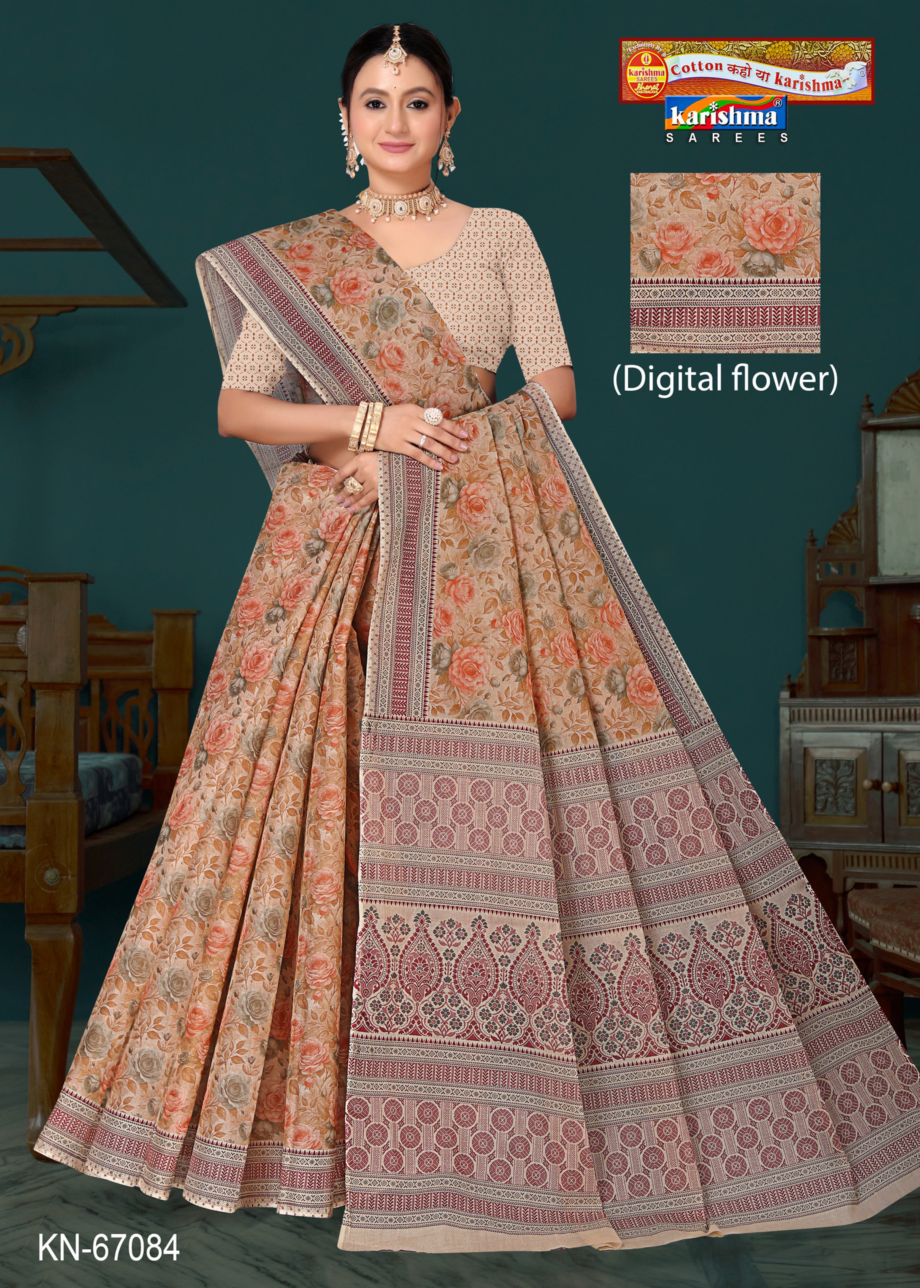 Beige Pure Cotton Mulmul (Soft) Saree With Digital Flower Print