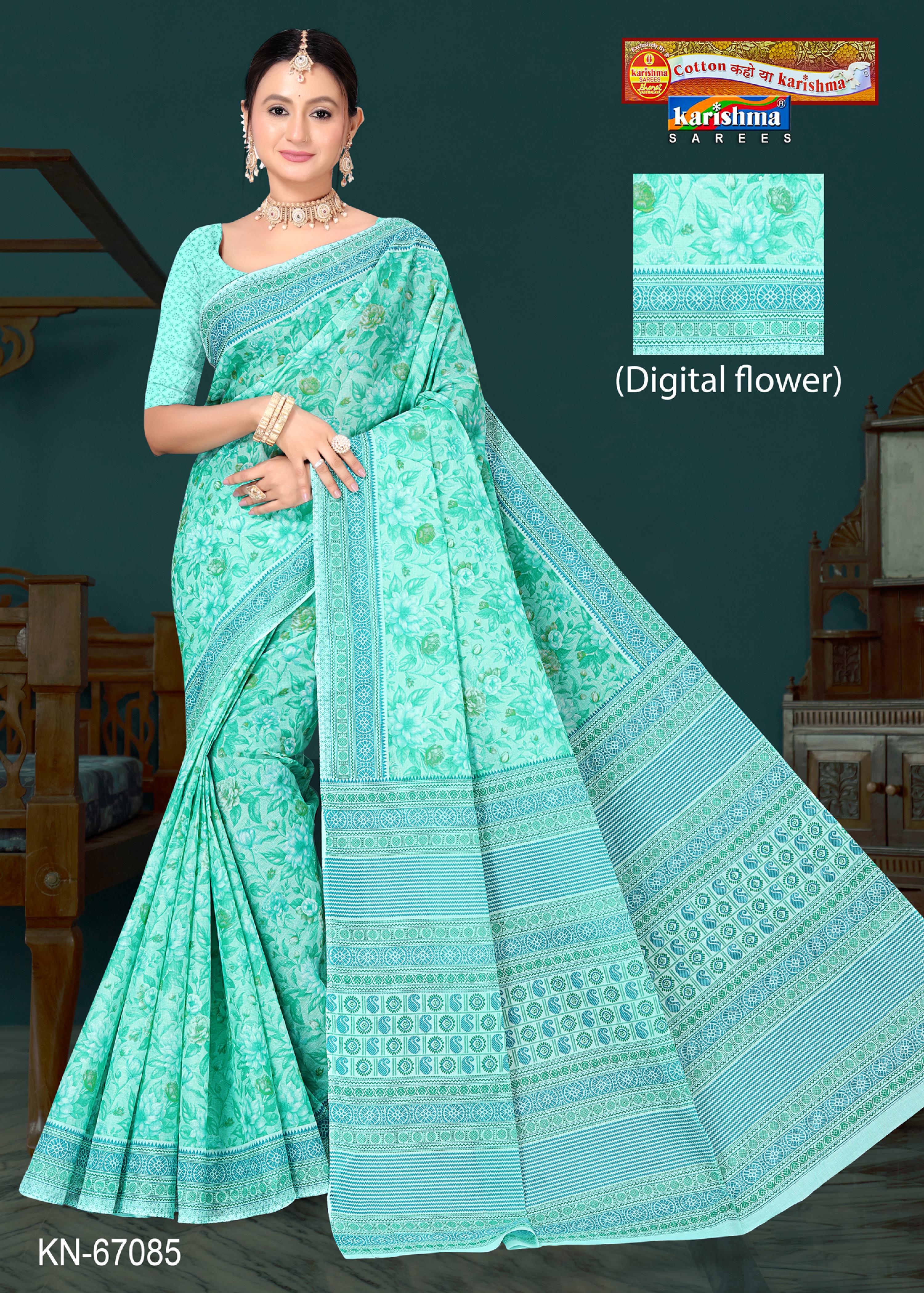 Sea Green Pure Cotton Mulmul (Soft) Saree With Digital Flower Print