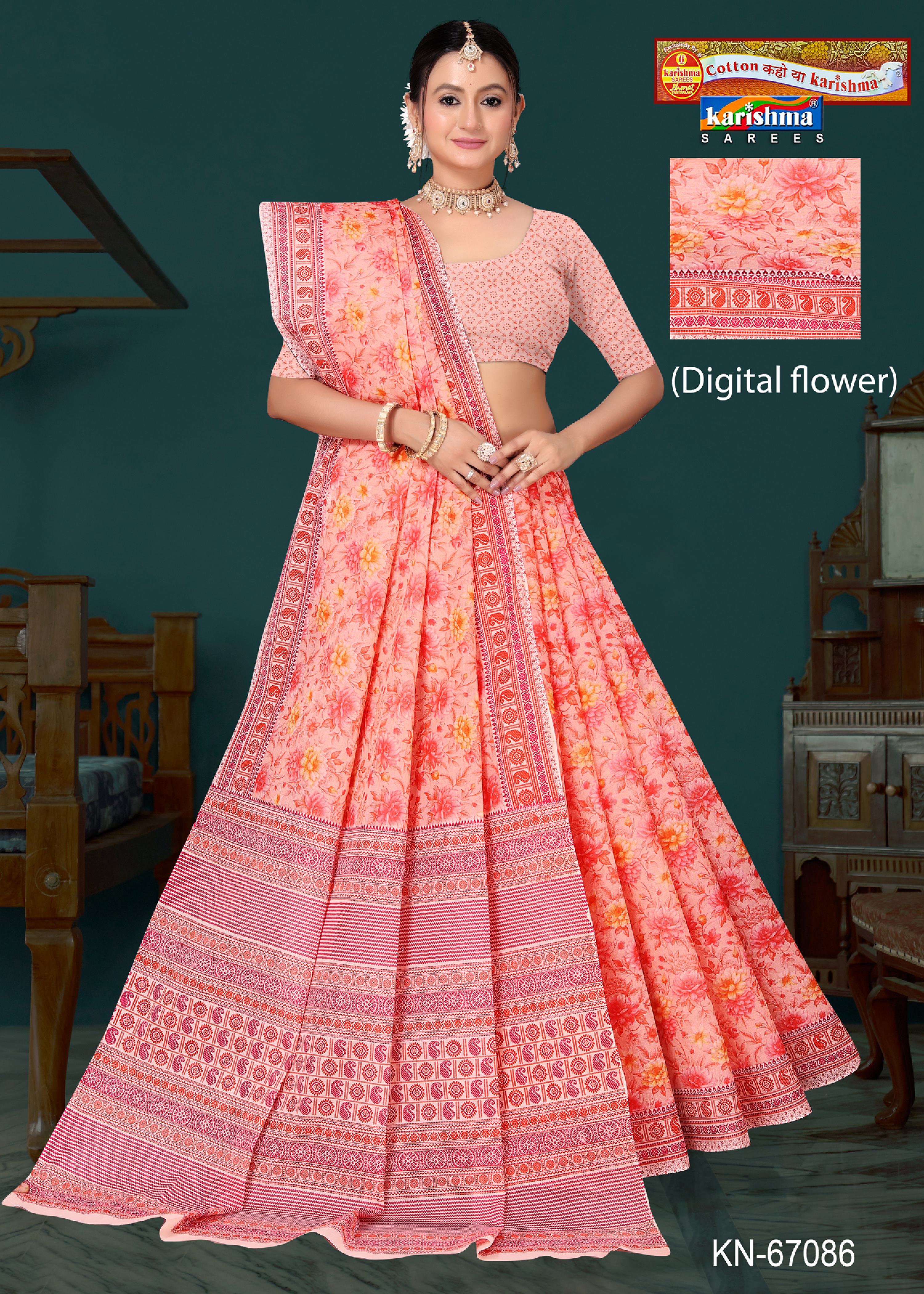 Orange Pure Cotton Mulmul (Soft) Saree With Digital Flower Print