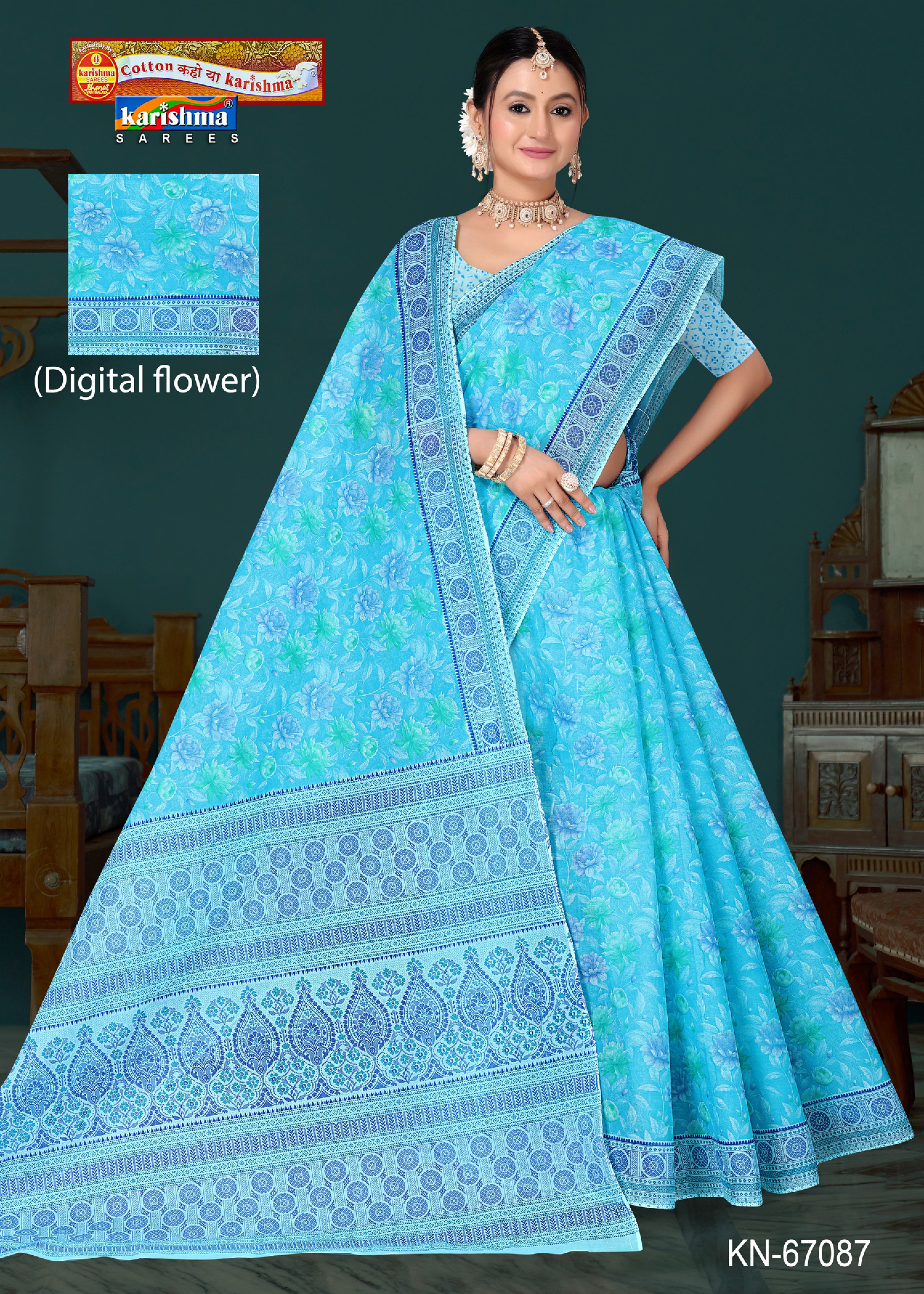 Blue Pure Cotton Mulmul (Soft) Saree With Digital Flower Print