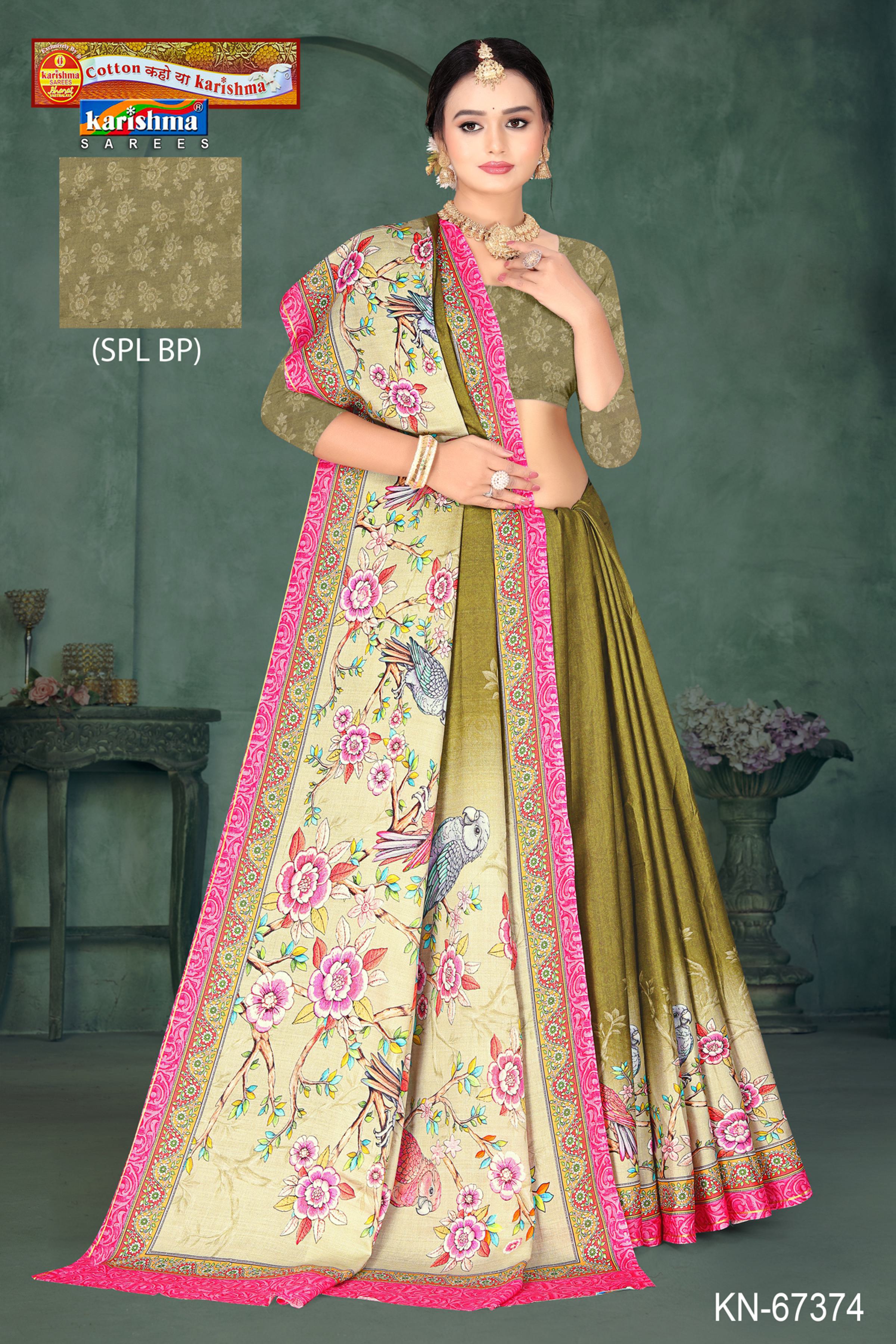Olive Pure Cotton Malai (Soft) Saree With Beautiful nature Insipired Design Of Flower And Bird Figure
