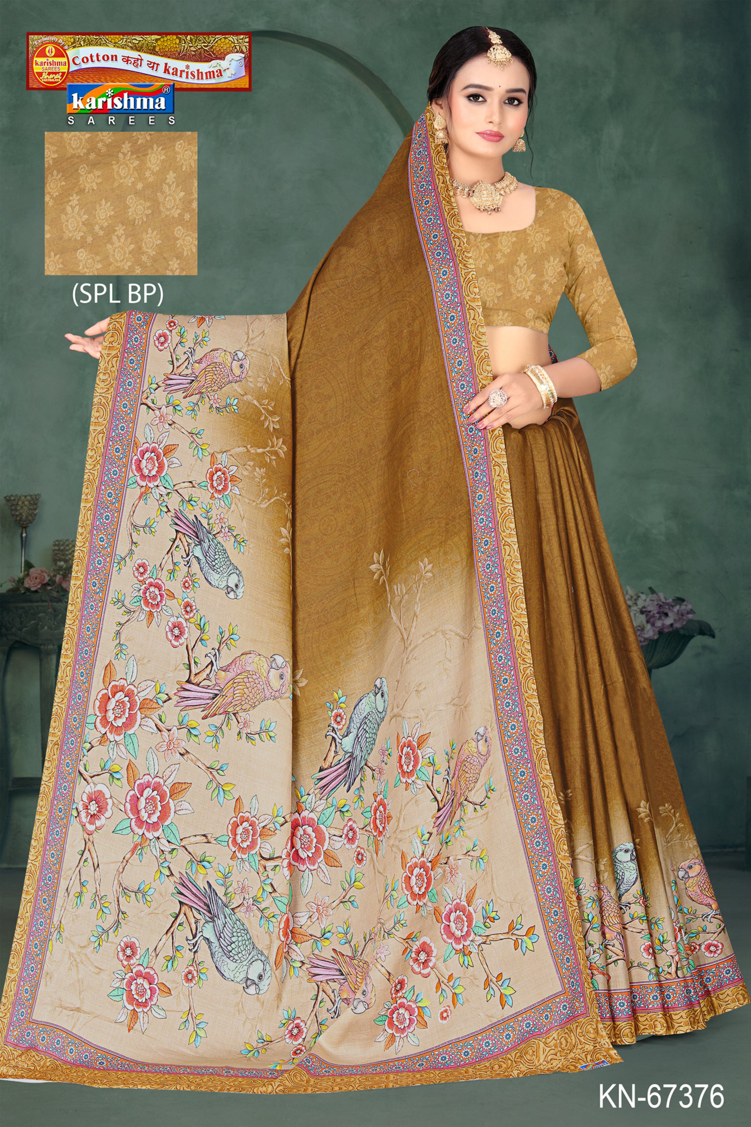 Brown Pure Cotton Malai (Soft) Saree With Beautiful nature Insipired Design Of Flower And Bird Figure