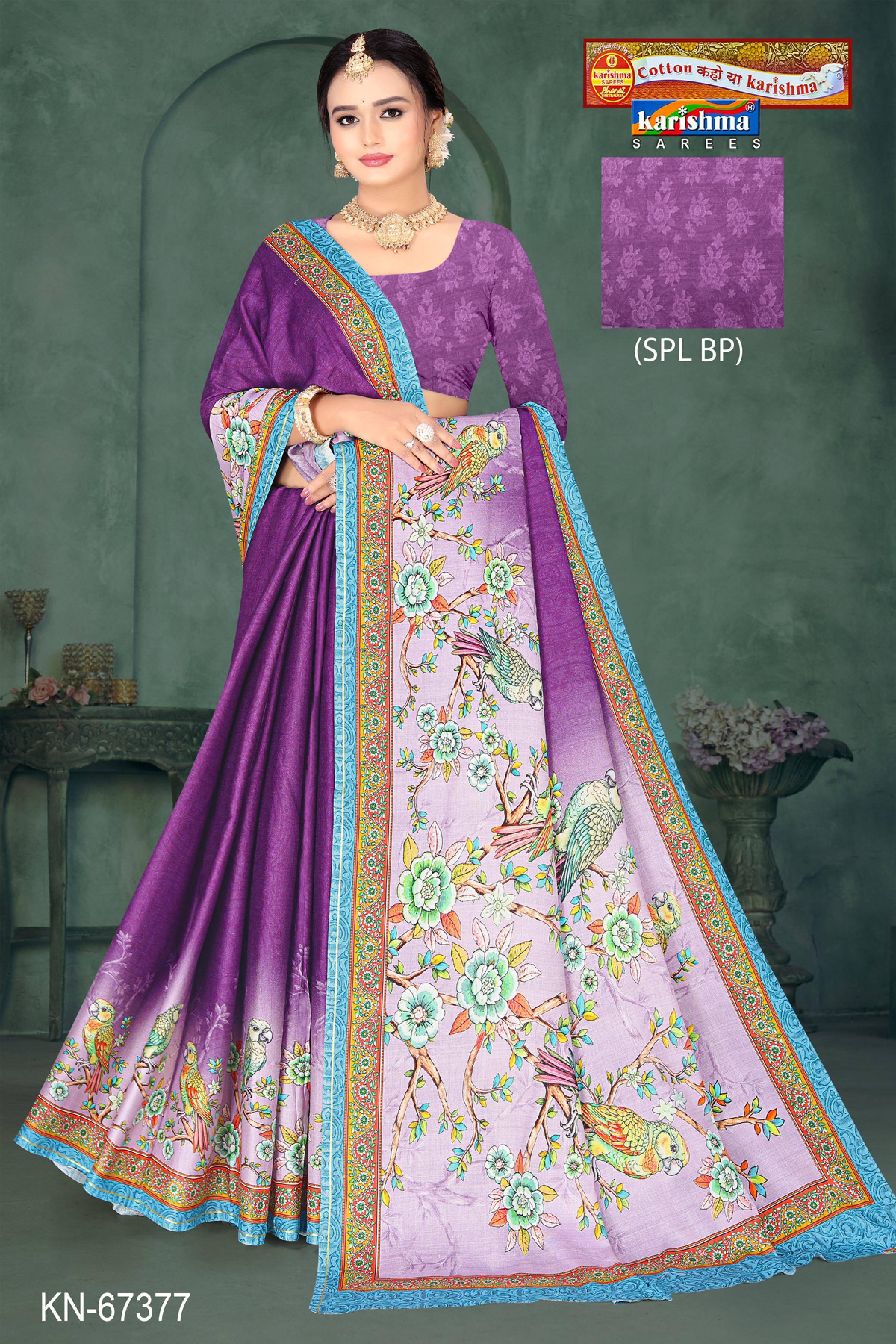 Deep Purple Pure Cotton Malai (Soft) Saree With Beautiful nature Insipired Design Of Flower And Bird Figure