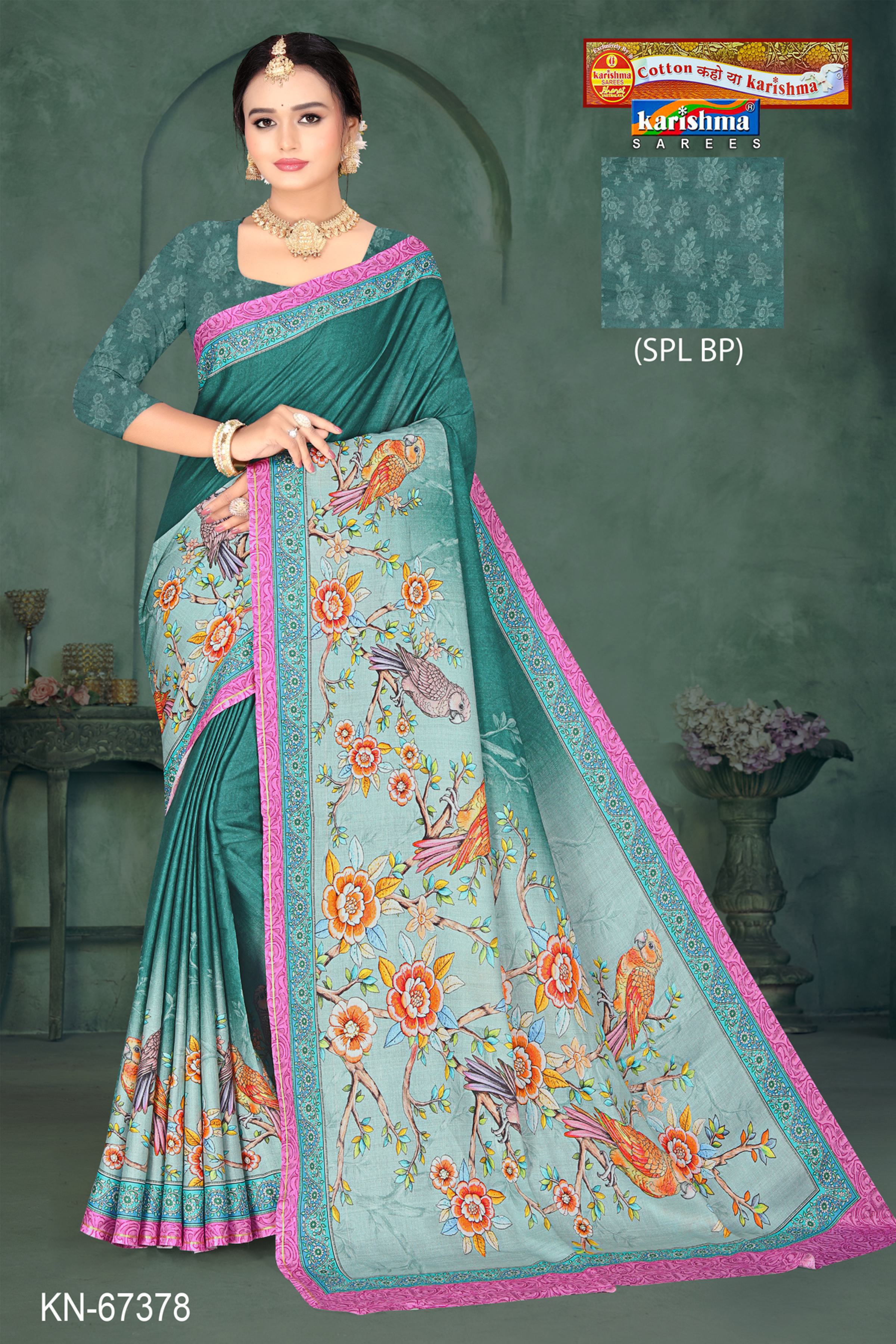 Green Purple Pure Cotton Malai (Soft) Saree With Beautiful nature Insipired Design Of Flower And Bird Figure