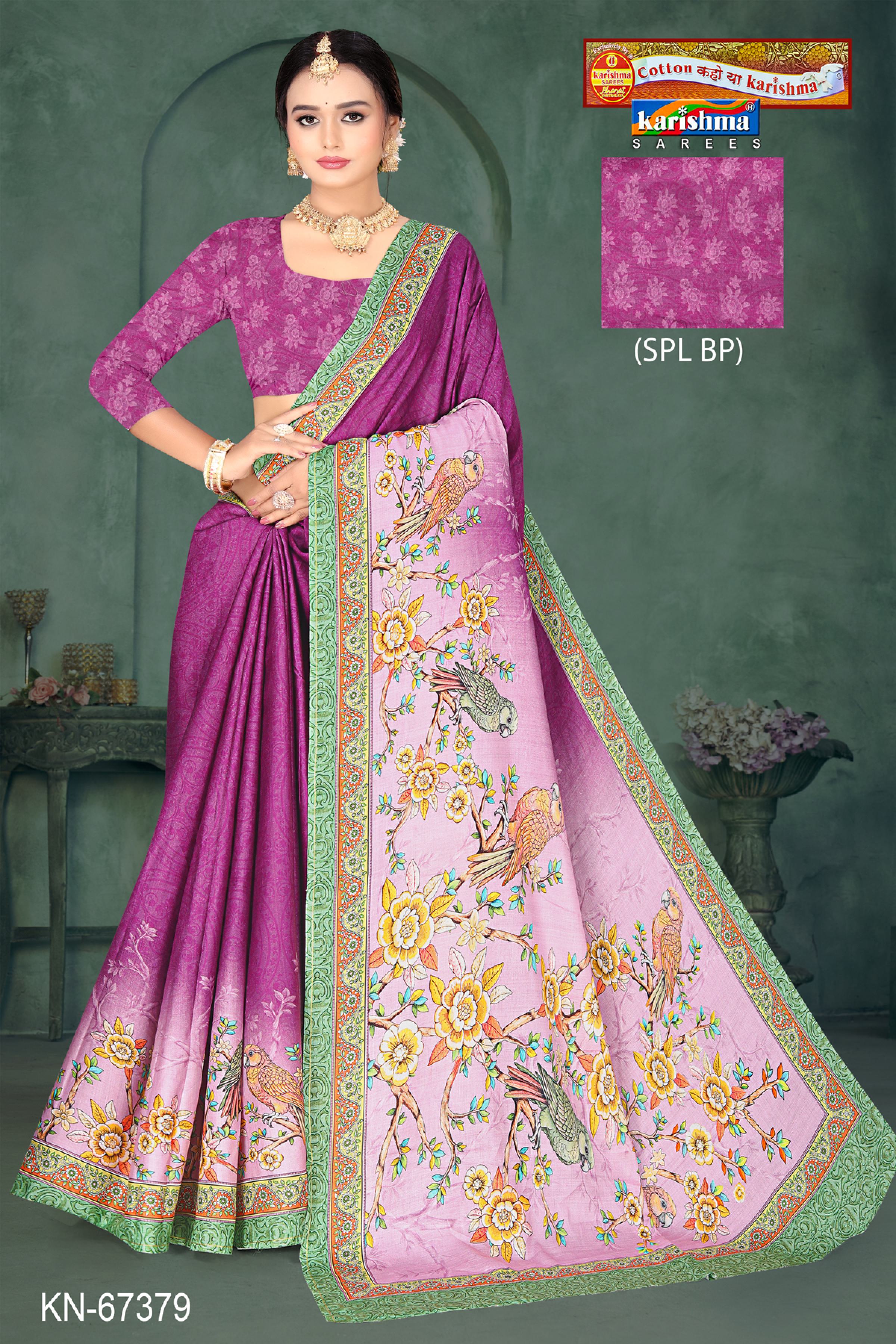 Purple Pure Cotton Malai (Soft) Saree With Beautiful nature Insipired Design Of Flower And Bird Figure