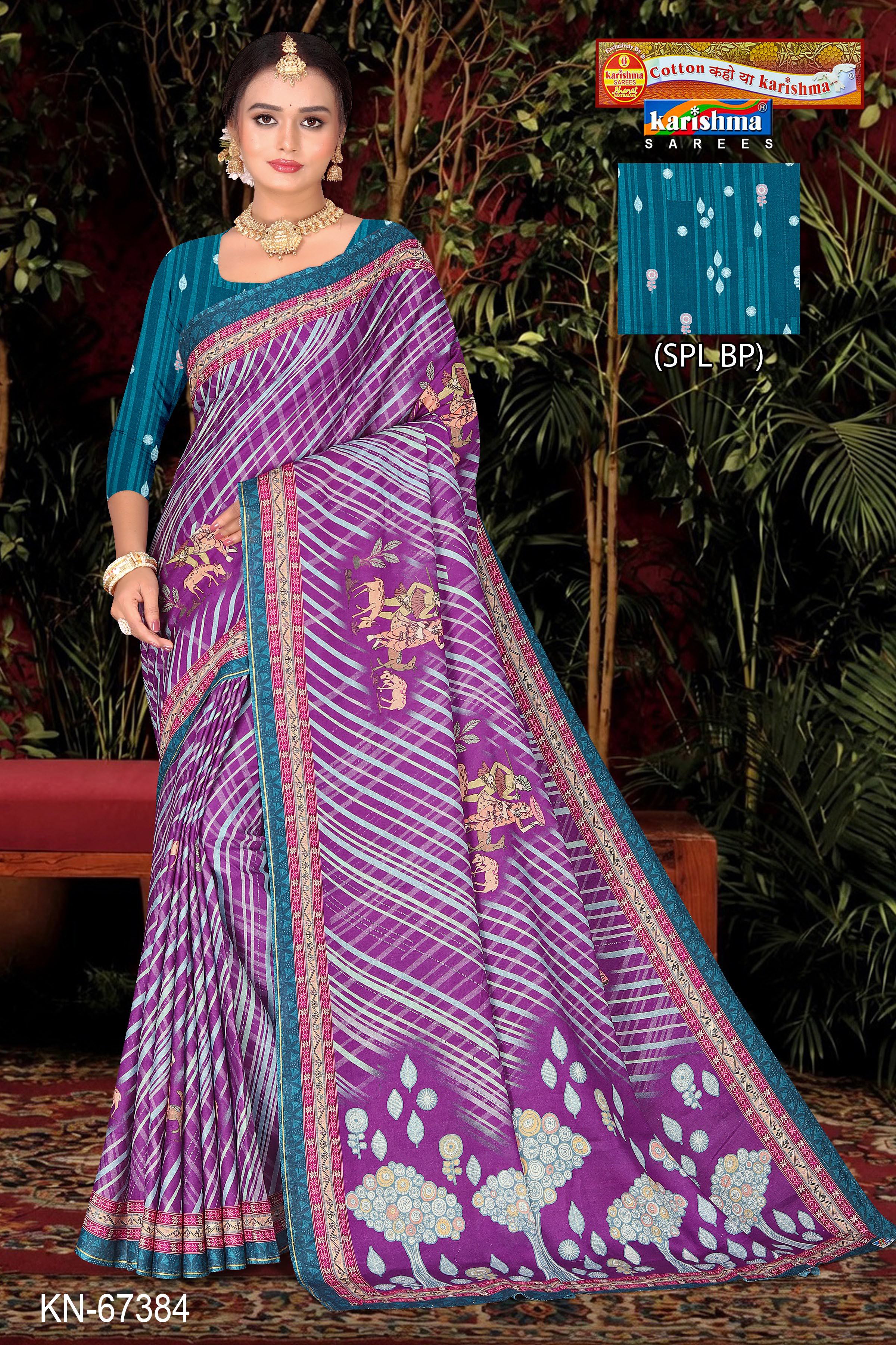 Purple Pure Cotton Malai (Soft) Saree With Leheriya Style Print Along With Human And Animal Figure