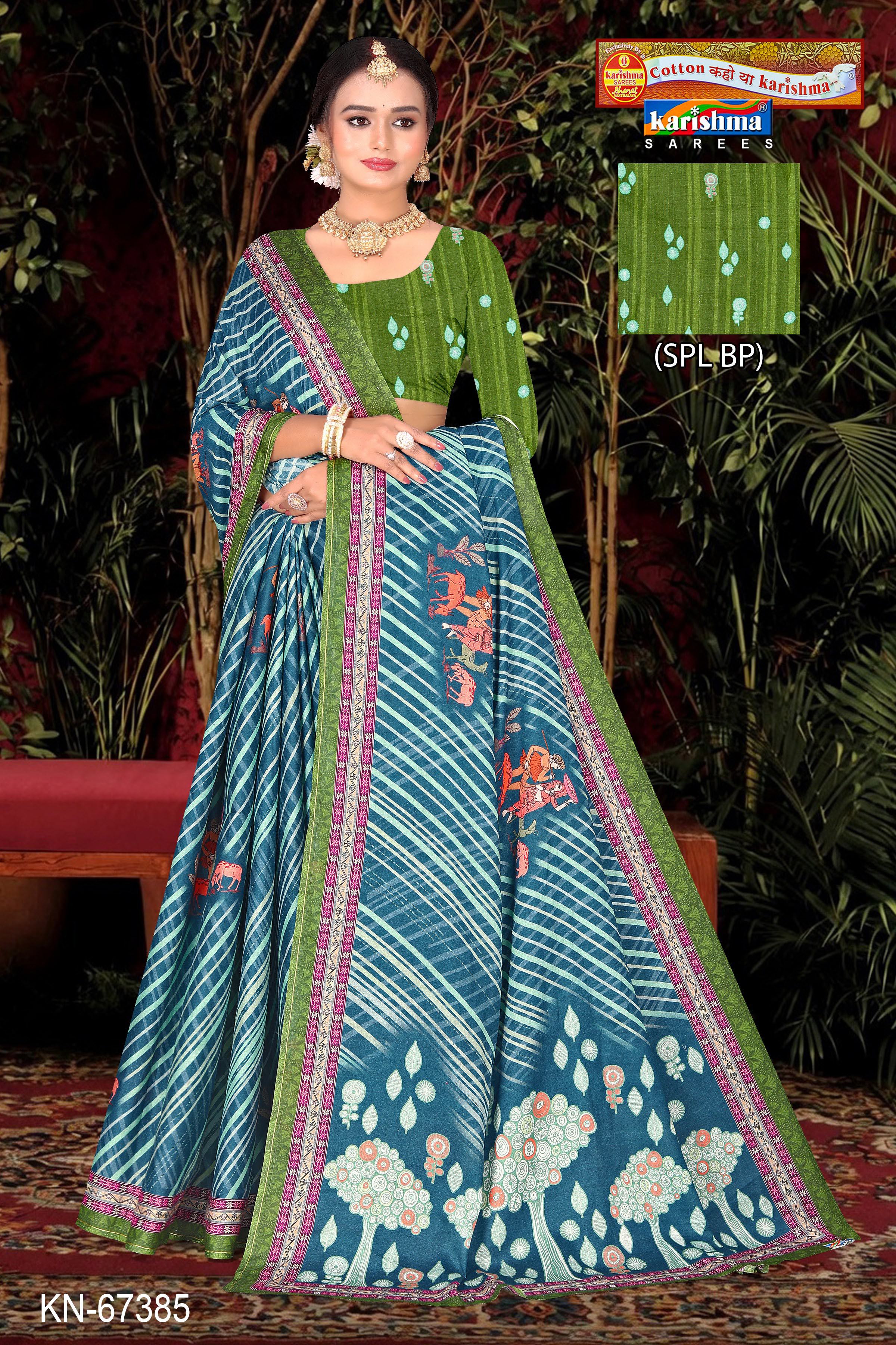 Blue Pure Cotton Malai (Soft) Saree With Leheriya Style Print Along With Human And Animal Figure