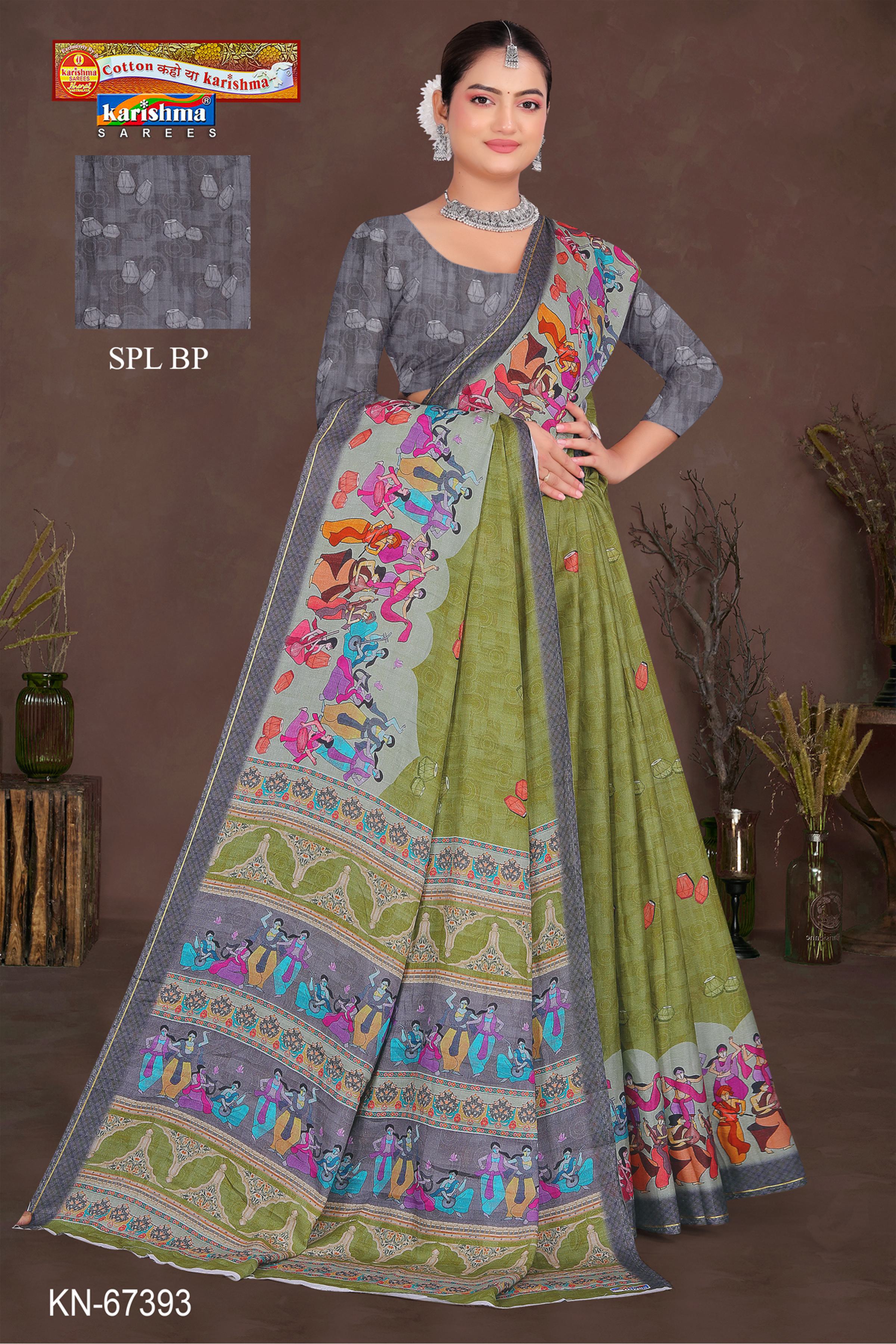 Olive Pure Cotton Malai (Soft) Saree With dancing And Musical Figure Allover Saree