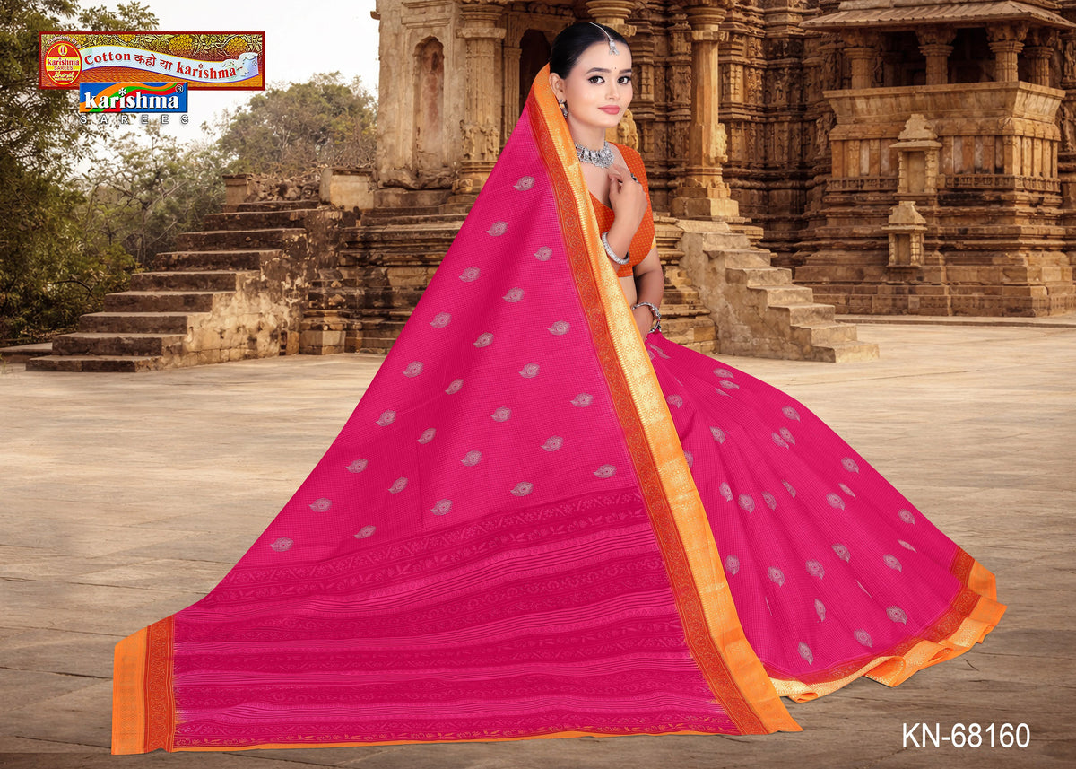 Pink Small Butti Golden Border Mulmul (Medium Soft) Saree