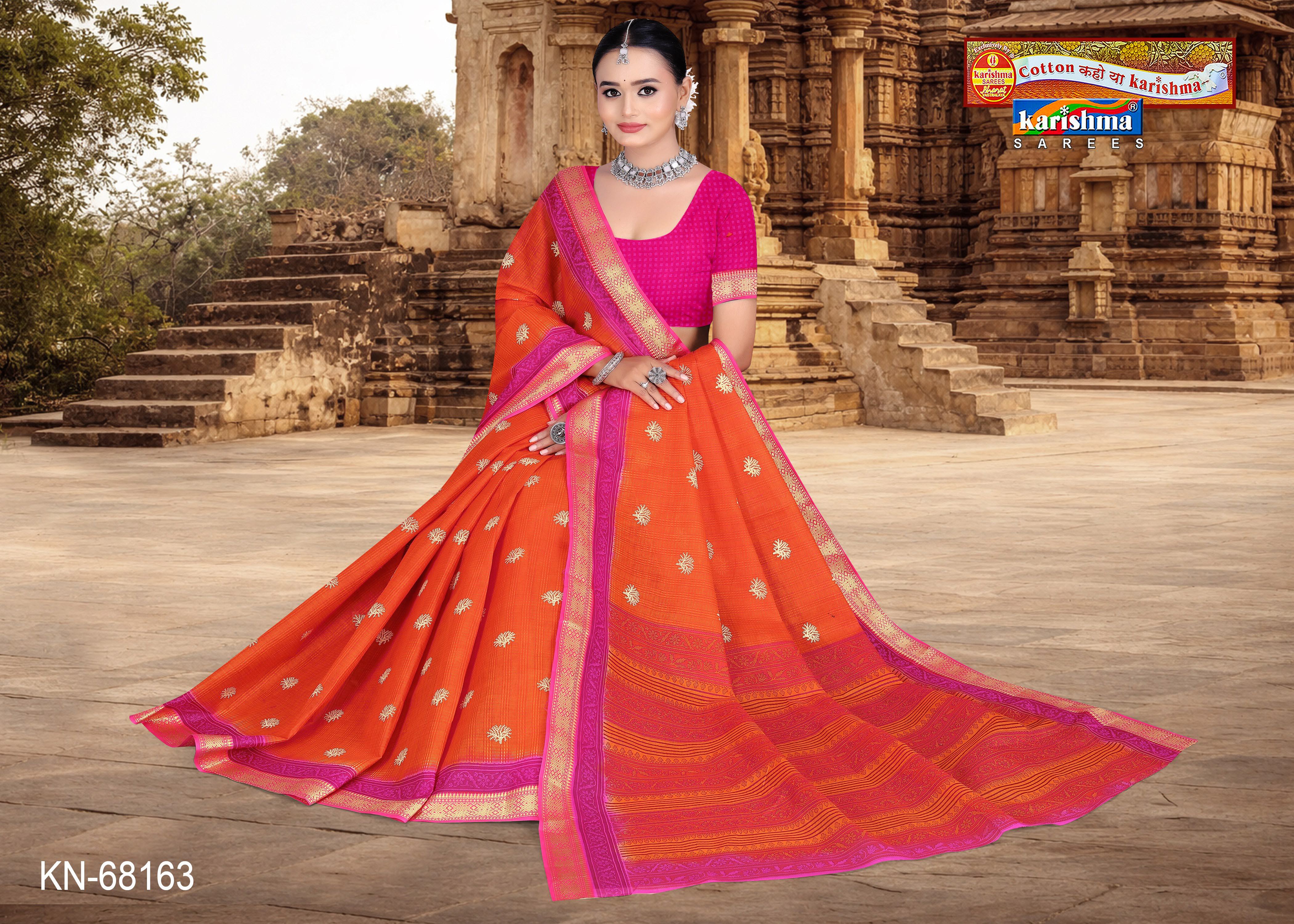 Ligth Orange Small Butti Golden Border Mulmul (Medium Soft) Saree