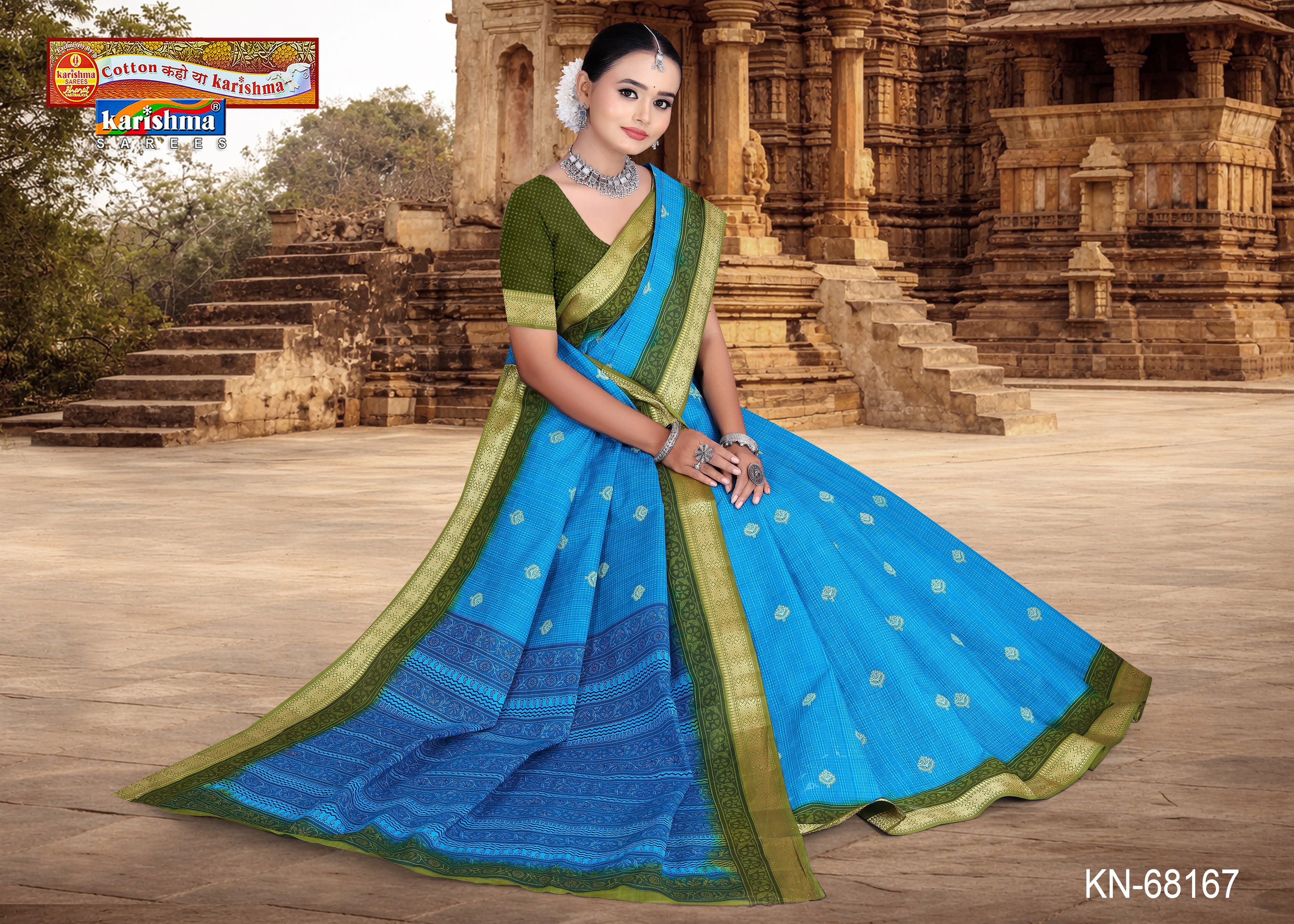 Blue Small Butti Golden Border Mulmul (Medium Soft) Saree
