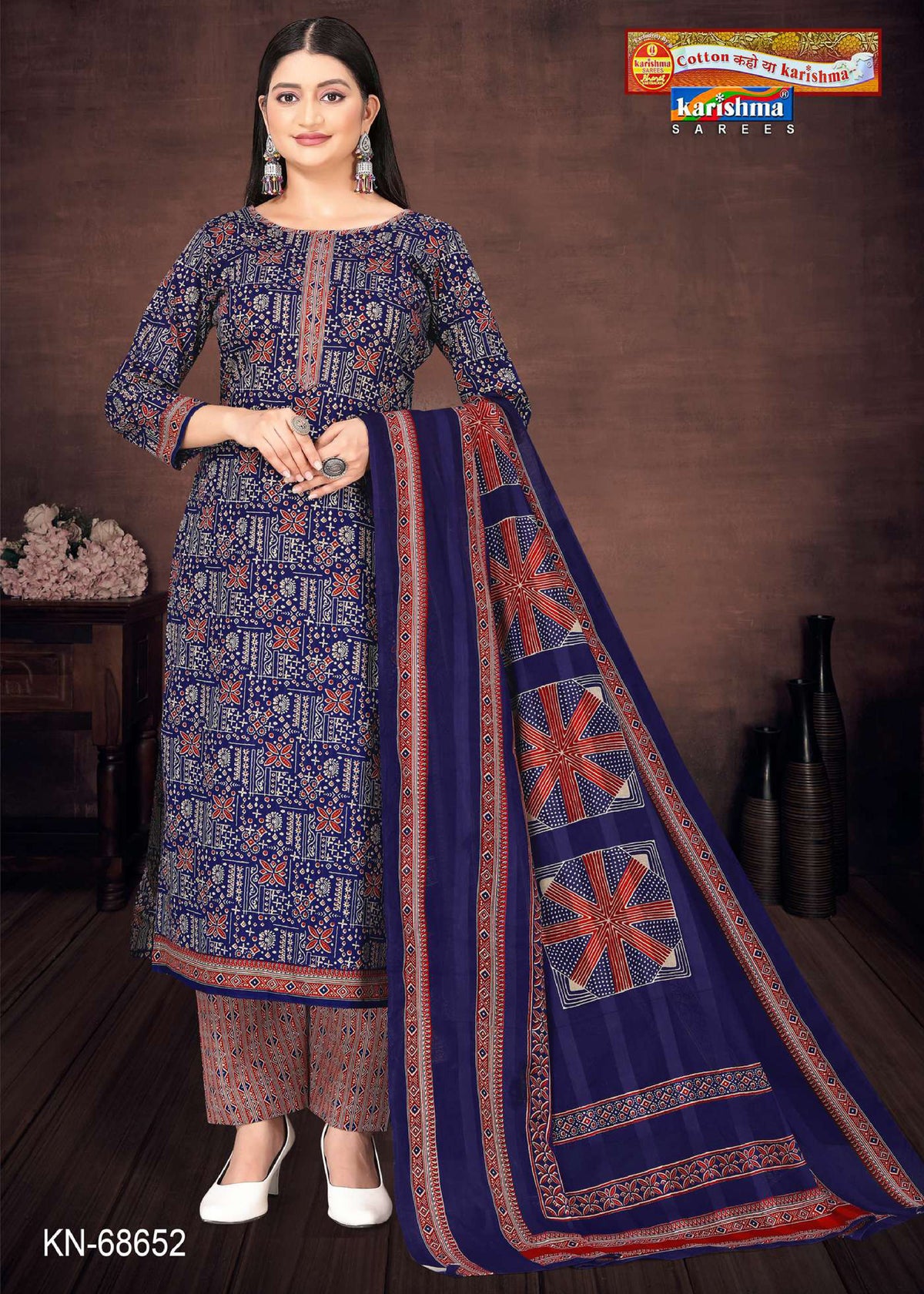 Blue Traditional Hand Block Design Printed Pure Mulmul Cotton Unstitched Dress Material Set (Free Size)