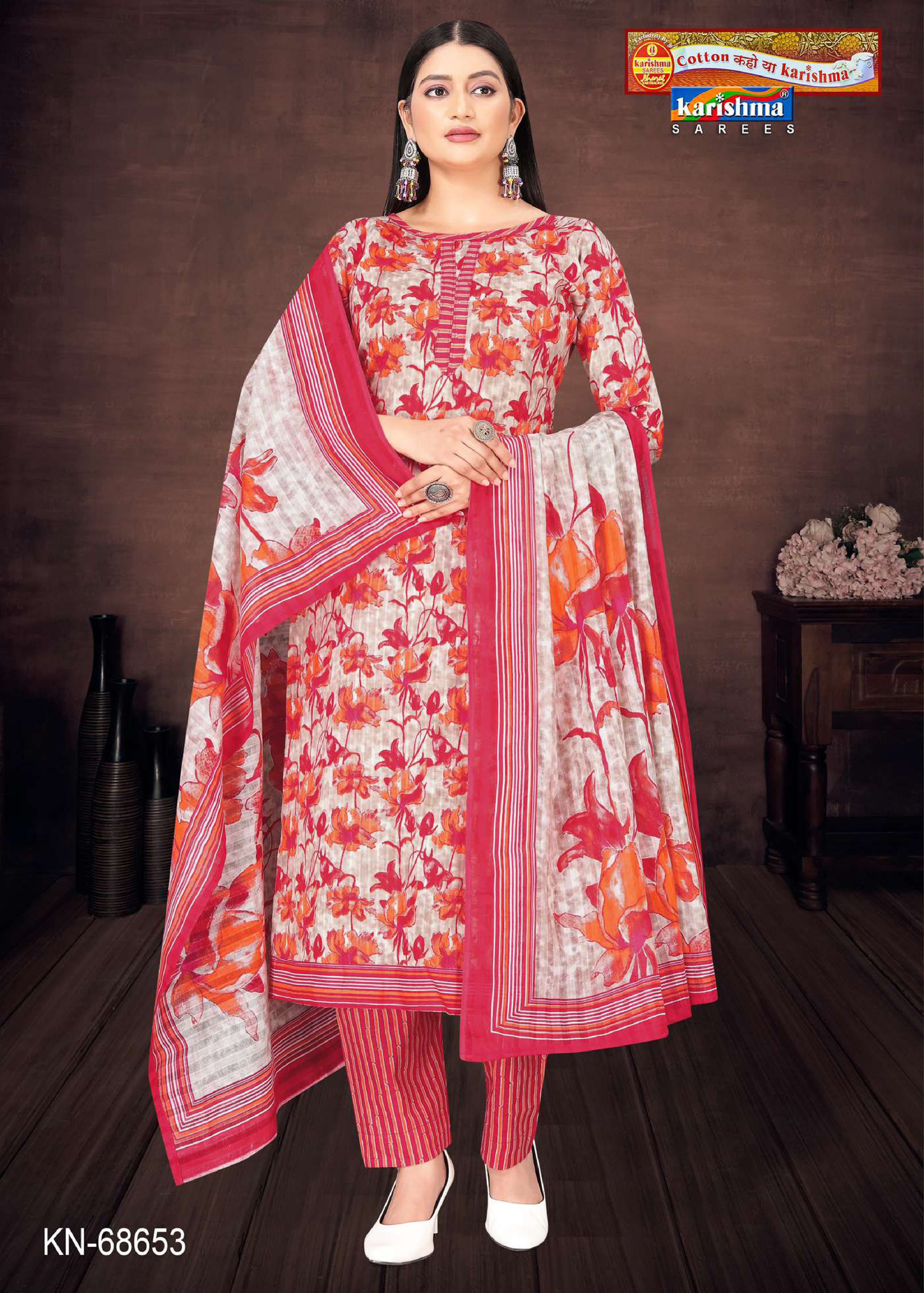 Peach Traditional Hand Block Design Printed Pure Mulmul Cotton Unstitched Dress Material Set (Free Size)