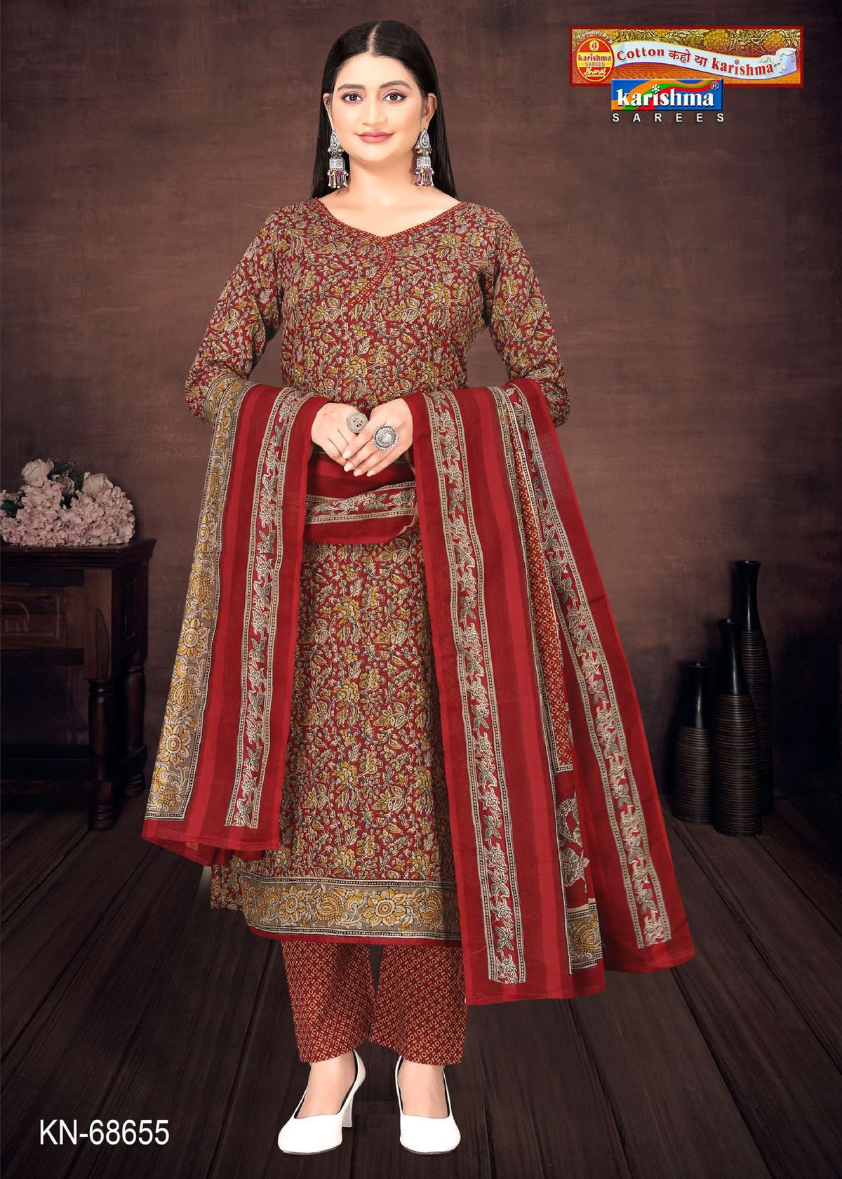 Red Traditional Hand Block Design Printed Pure Mulmul Cotton Unstitched Dress Material Set (Free Size)