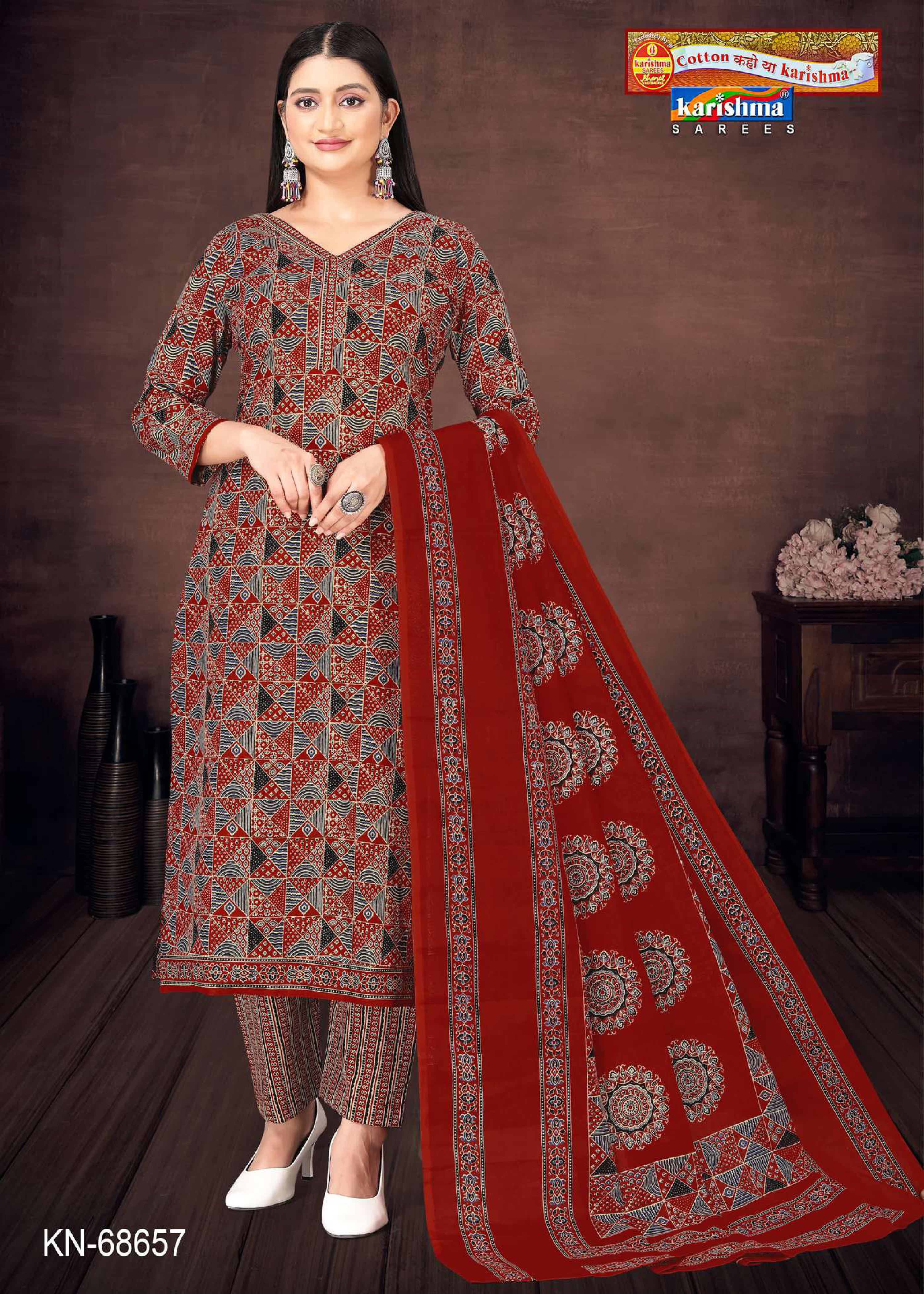 Red Traditional Hand Block Design Printed Pure Mulmul Cotton Unstitched Dress Material Set (Free Size)