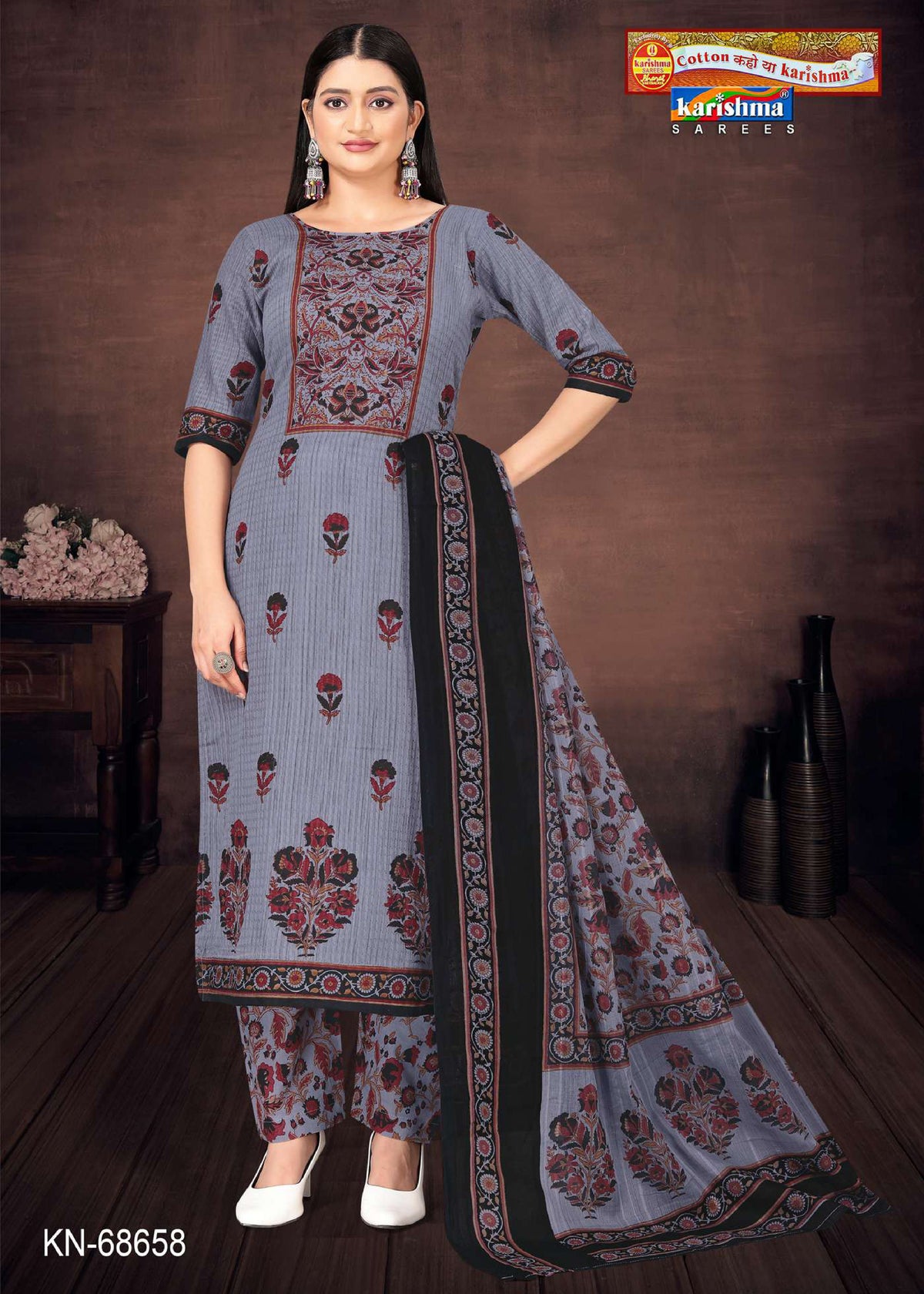Grey Traditional Hand Block Design Printed Pure Mulmul Cotton Unstitched Dress Material Set (Free Size)