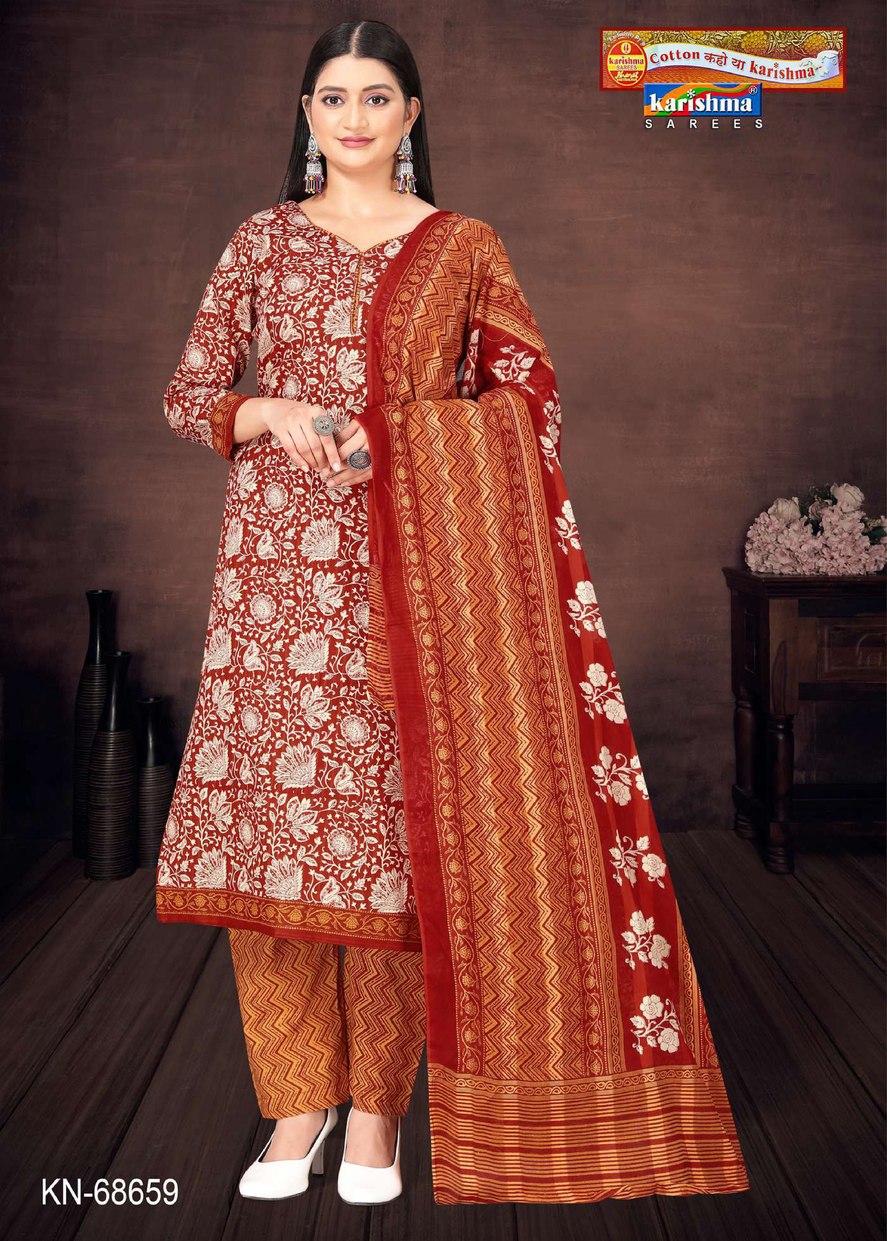 Orange Traditional Hand Block Design Printed Pure Mulmul Cotton Unstitched Dress Material Set (Free Size)