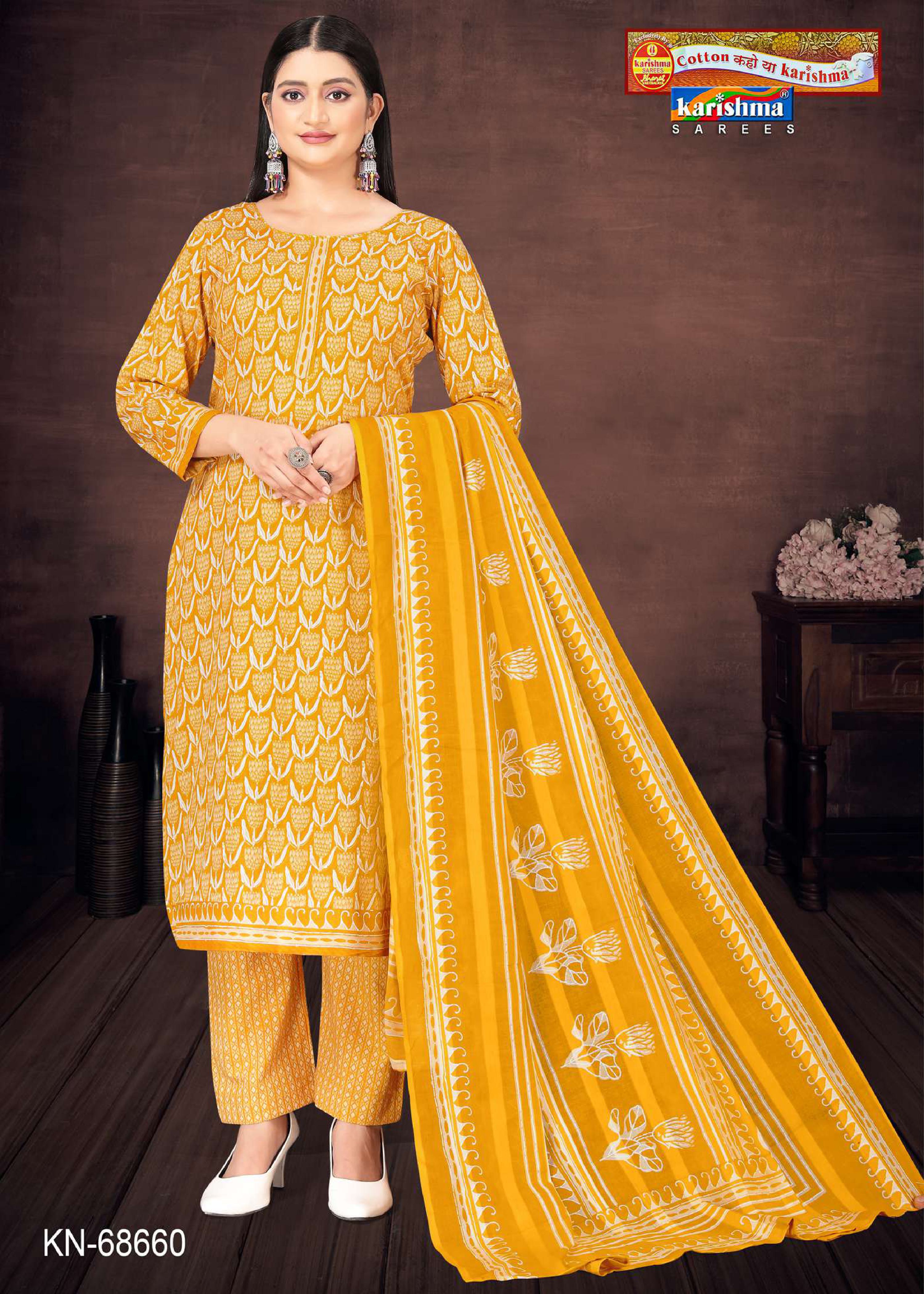 Yellow Traditional Hand Block Design Printed Pure Mulmul Cotton Unstitched Dress Material Set (Free Size)