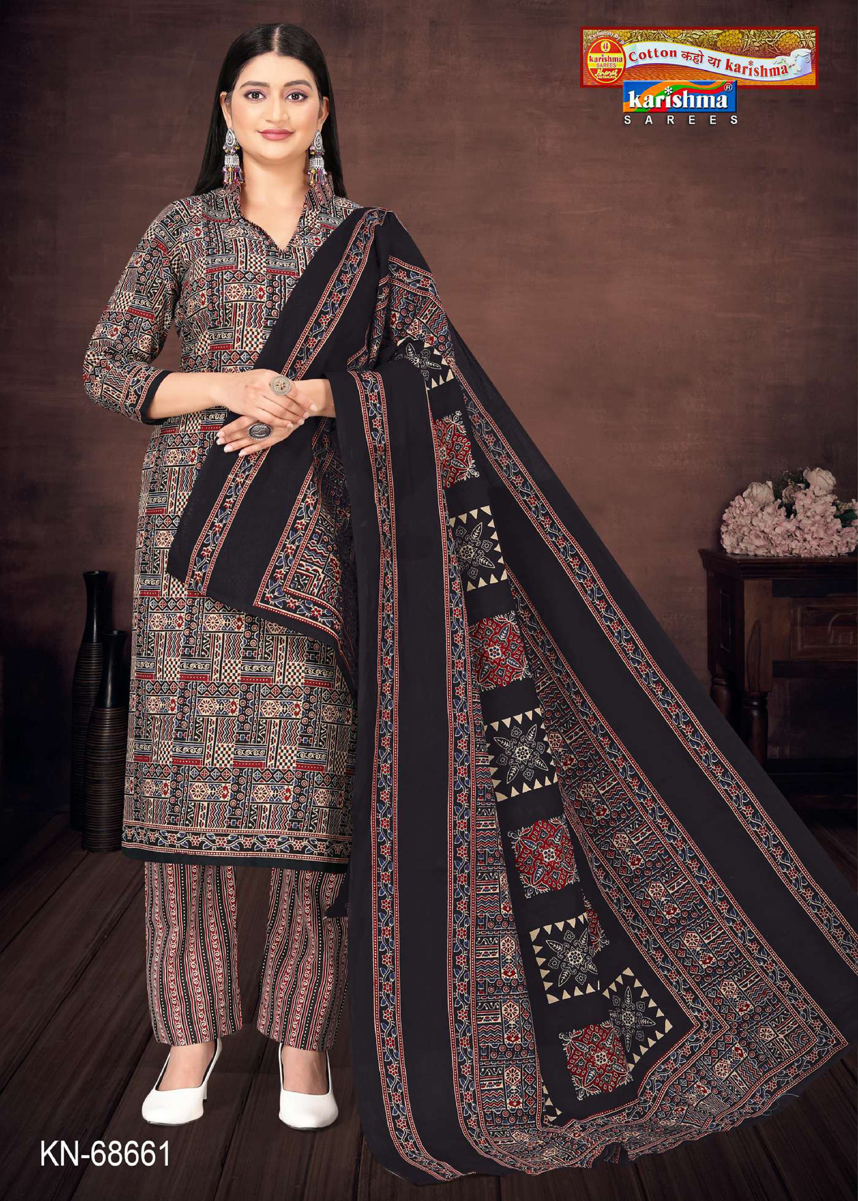 Black Traditional Hand Block Design Printed Pure Mulmul Cotton Unstitched Dress Material Set (Free Size)