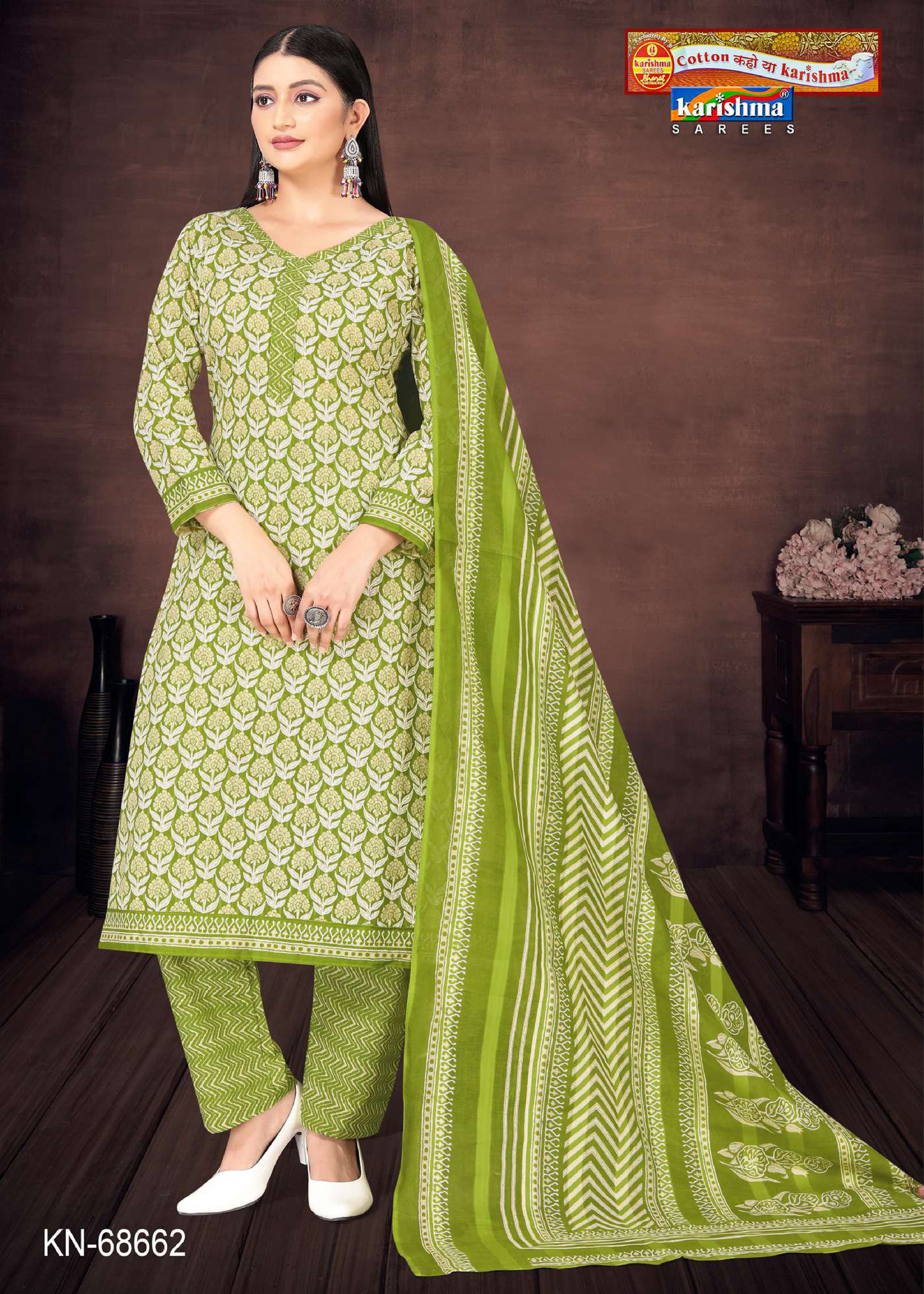Green Traditional Hand Block Design Printed Pure Mulmul Cotton Unstitched Dress Material Set (Free Size)