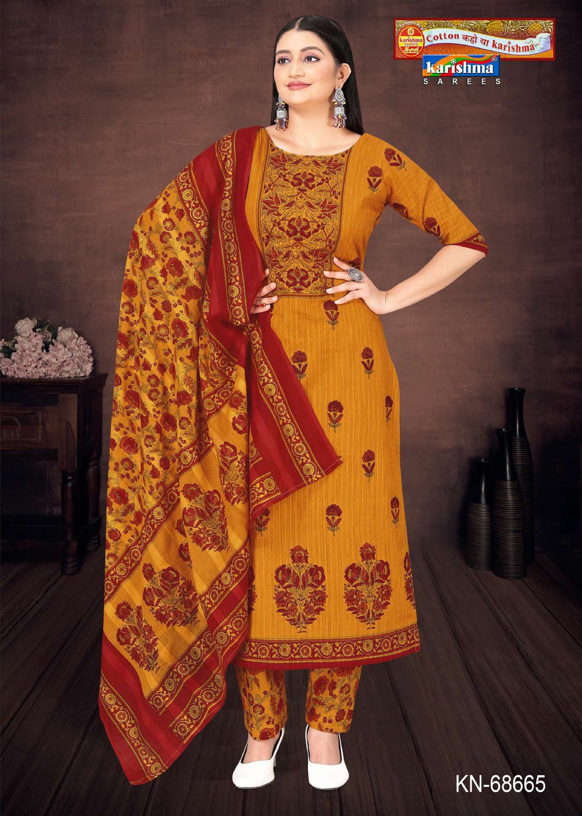 Yellow Traditional Hand Block Design Printed Pure Mulmul Cotton Unstitched Dress Material Set (Free Size)