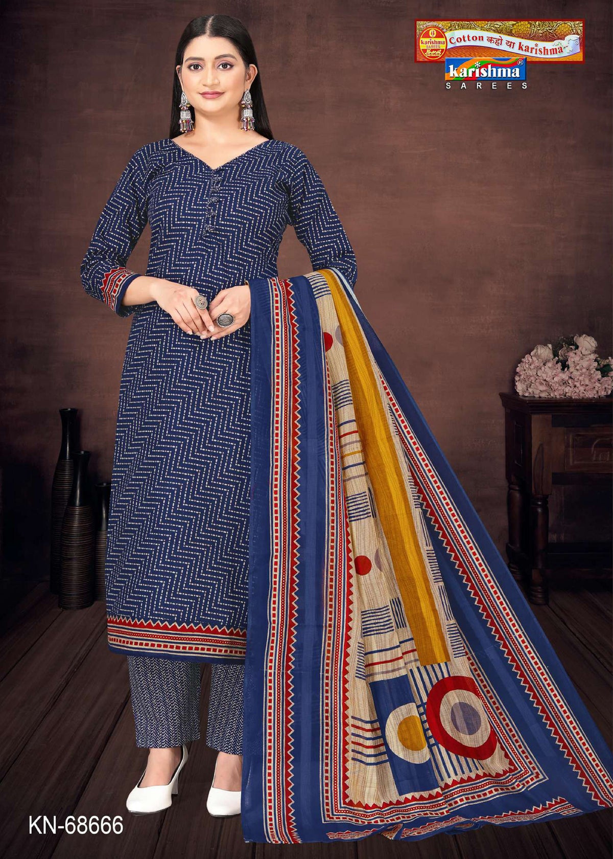 Blue Traditional Hand Block Design Printed Pure Mulmul Cotton Unstitched Dress Material Set (Free Size)