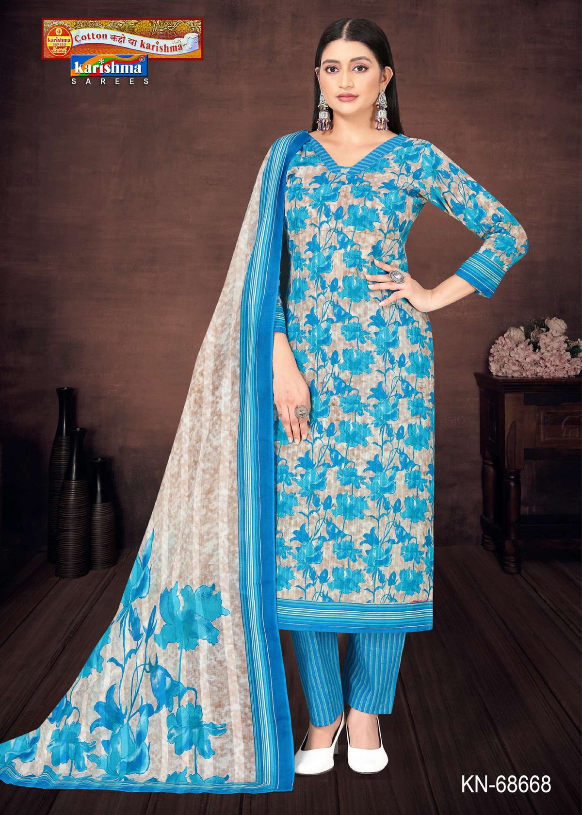 Blue Traditional Hand Block Design Printed Pure Mulmul Cotton Unstitched Dress Material Set (Free Size)